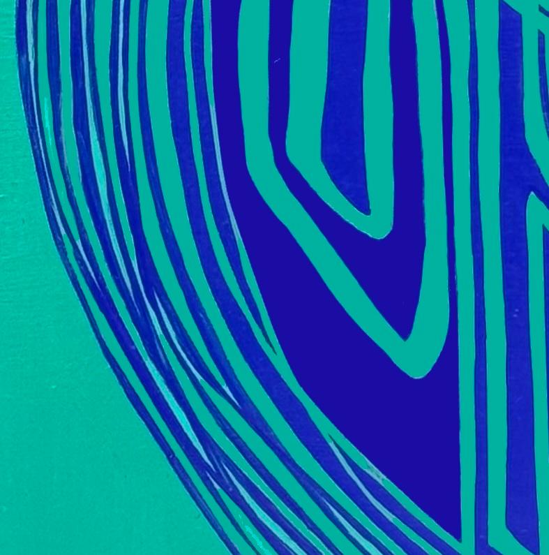 Vantage Point: kleines abstraktes Ölgemälde mit kreisförmigen blauen Linien auf grün-blauem Grund (Abstrakt), Painting, von Paula Cahill
