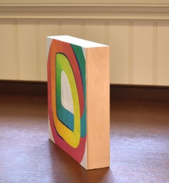 Wrap II: abstract painting w/ blue green yellow orange & pink line on white