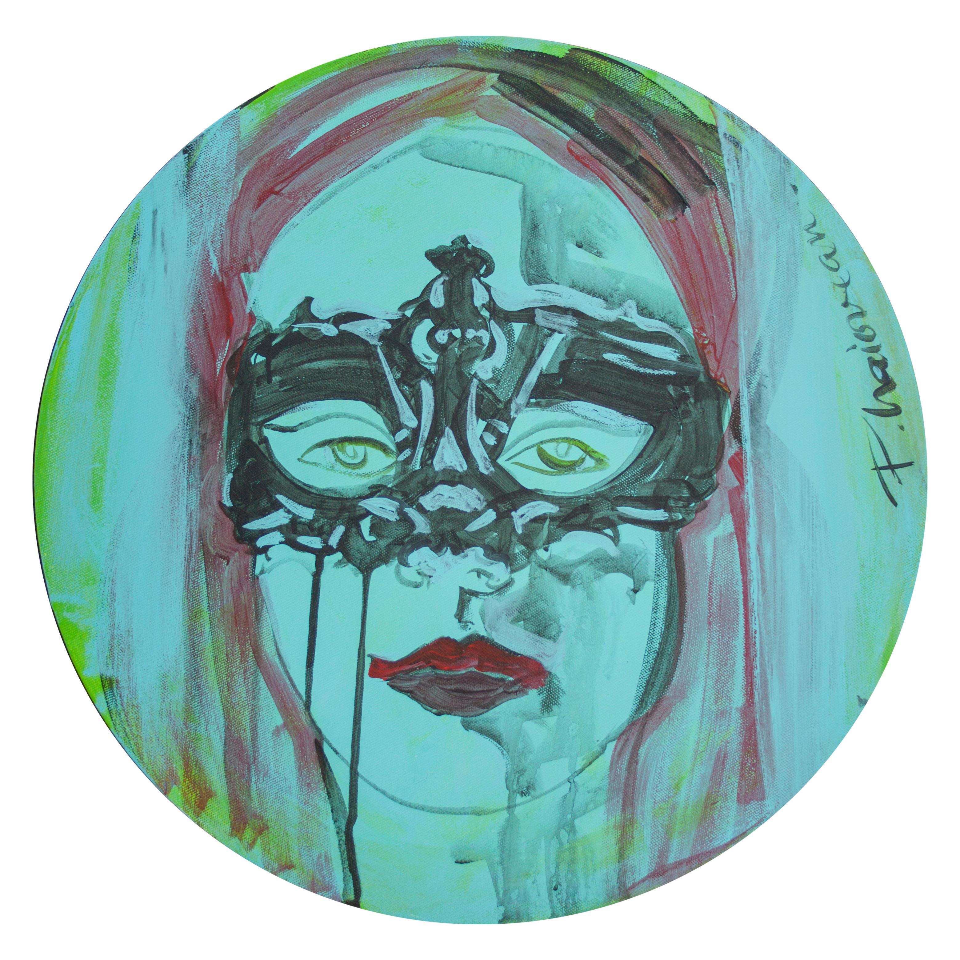 "Age of Innocence", original unique painting. A feminine, innocent presence, portrait of a girl with a Venetian mask. 
acrylic on canvas. 20in / 50cm, round. Shipped  from Forest Hills, NY. Registered airmail, well packed. Comes with a certificate