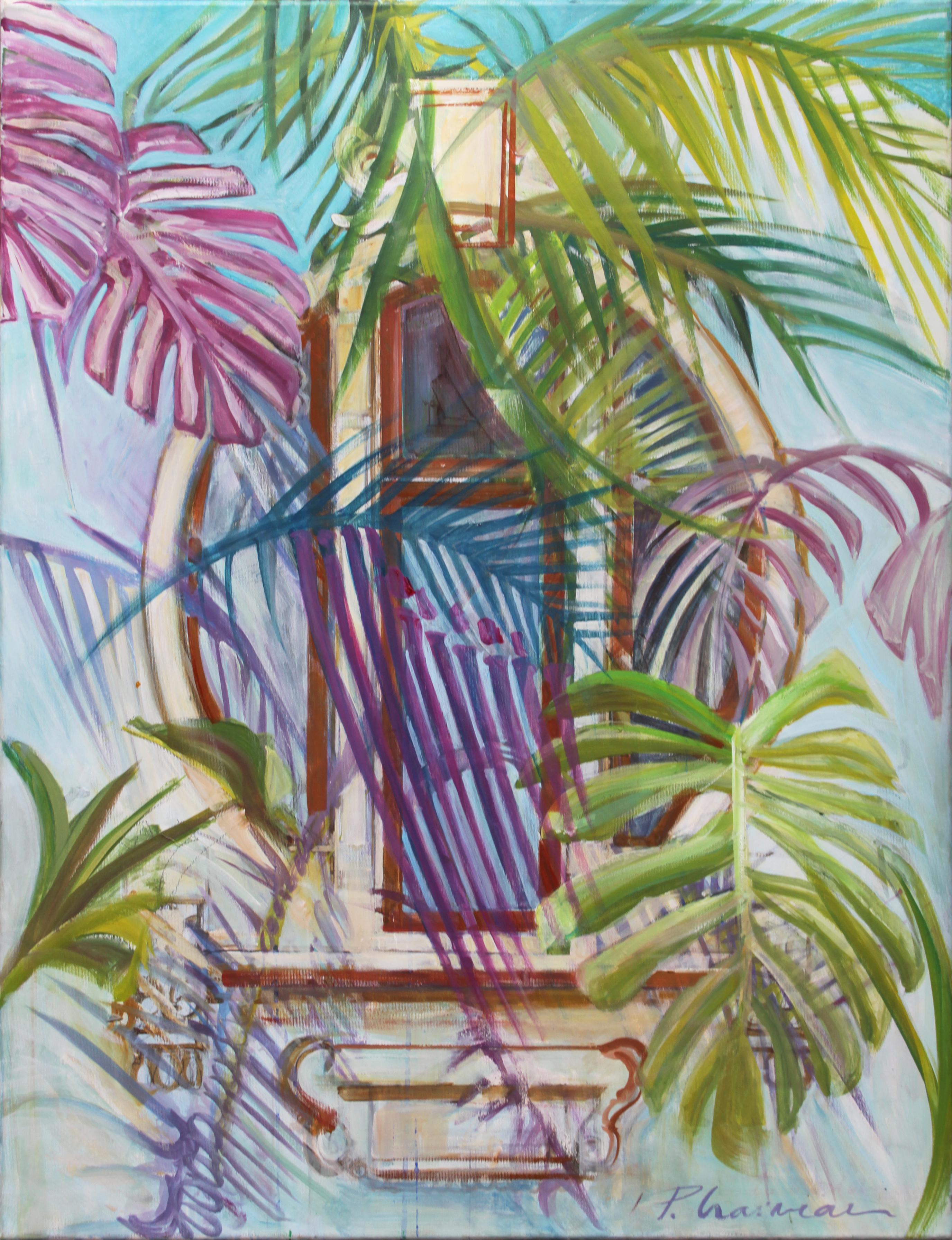 "Art Nouveau  Window 1"
Oil on canvas
Large original, one-of-a-kind, painting.

Shipped stretched directly from the artist's studio.

Part of my Window and Gates series, with the addition of tropical vegetation. Art Nouveau style was originally