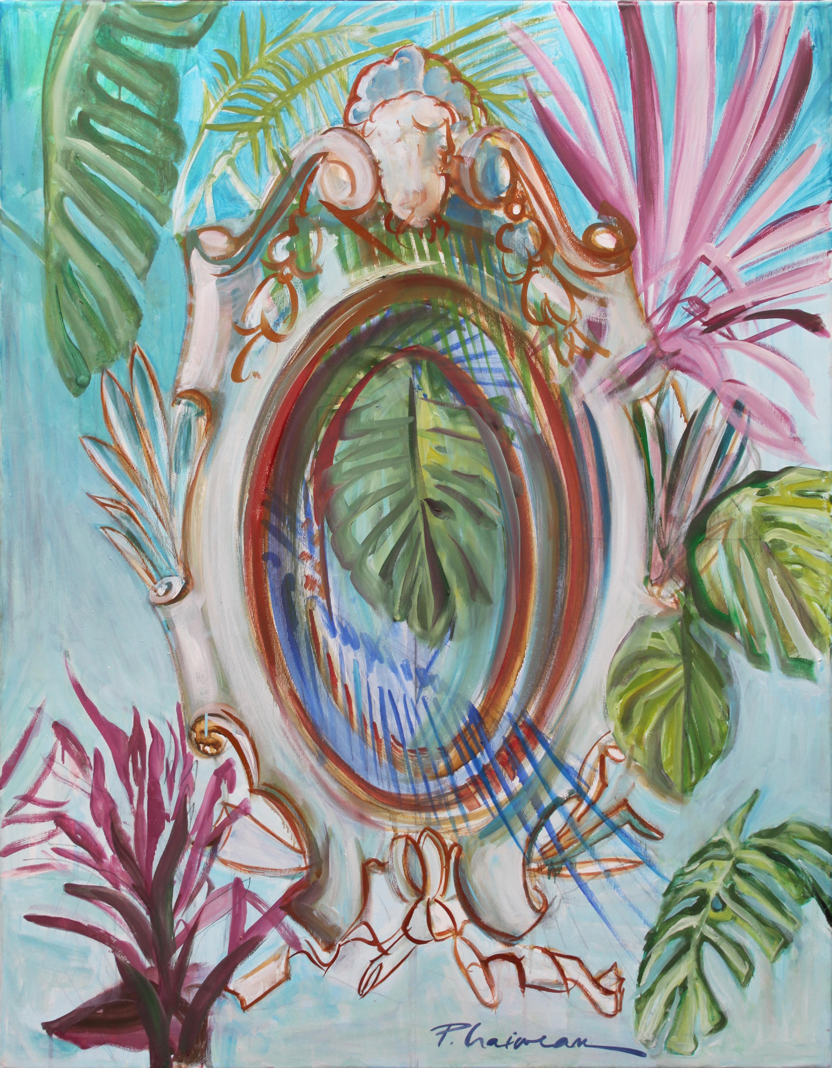 "Art Nouveau  Window 2"
Oil on canvas
Large original, one-of-a-kind, painting.

Shipped stretched directly from the artist's studio.

Part of my Window and Gates series, with the addition of tropical vegetation. Art Nouveau style was originally