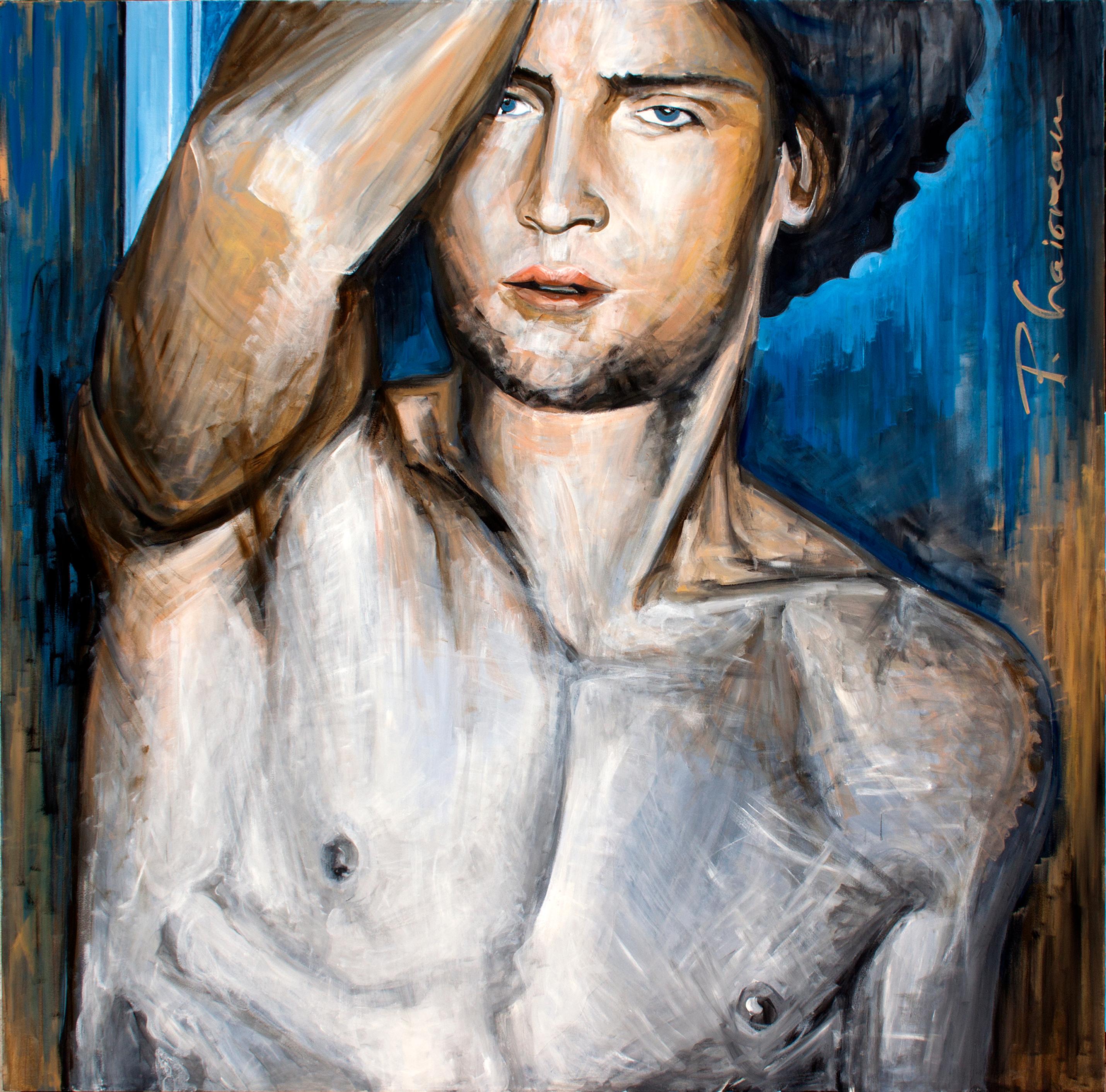 Atlas - peinture plus grande que nature nu masculin original par Paula Craioveanu 59x59in