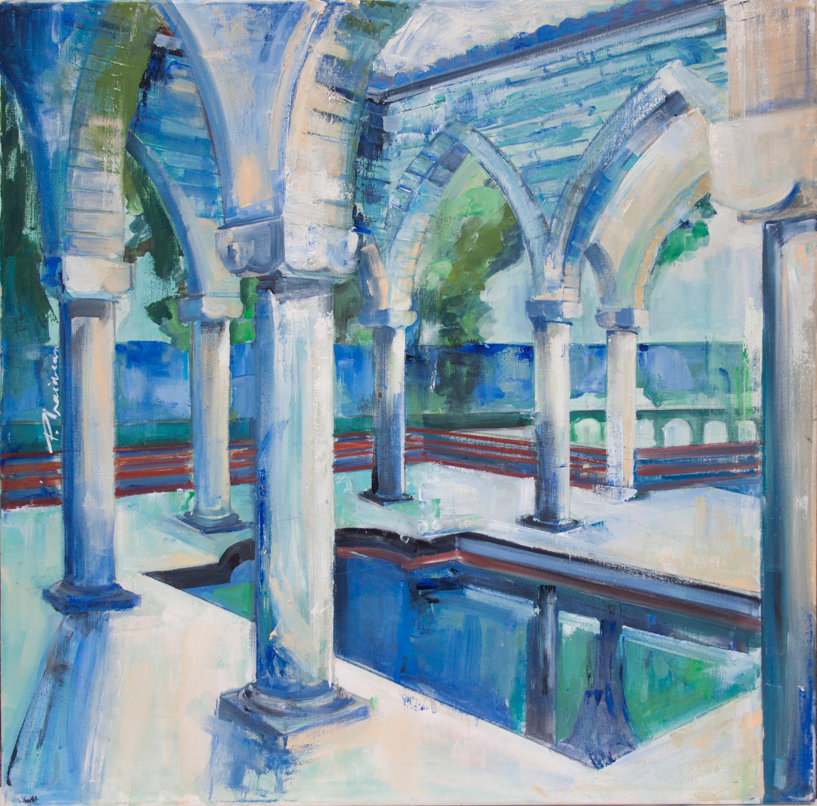 Balcic 2  Gothic Arches 27.5 x 27.5in / 70 x70cm FRAMED - Painting by Paula Craioveanu