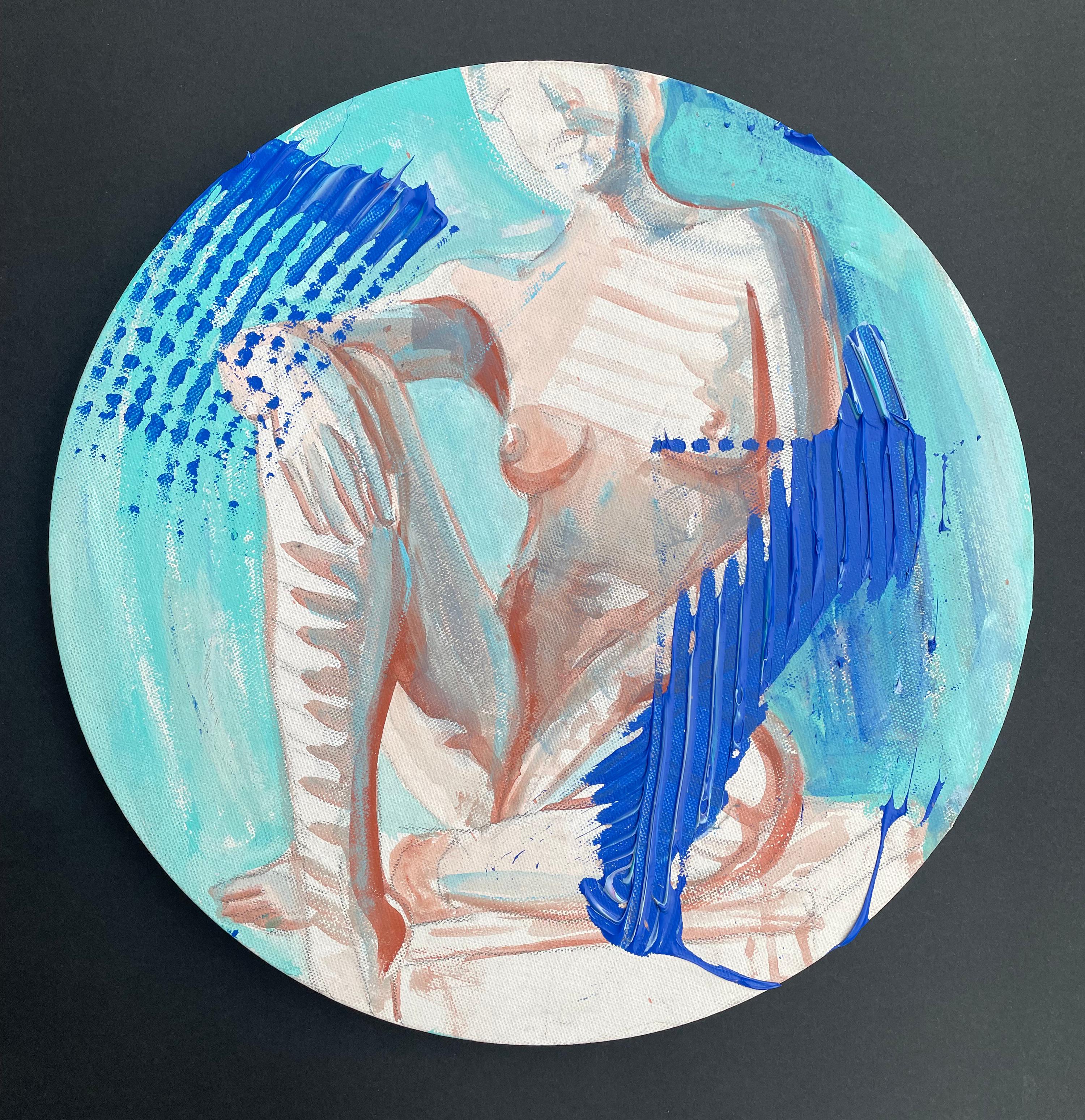 Peinture ronde originale d'une femme nue bleue d'été par Paula Craioveanu 