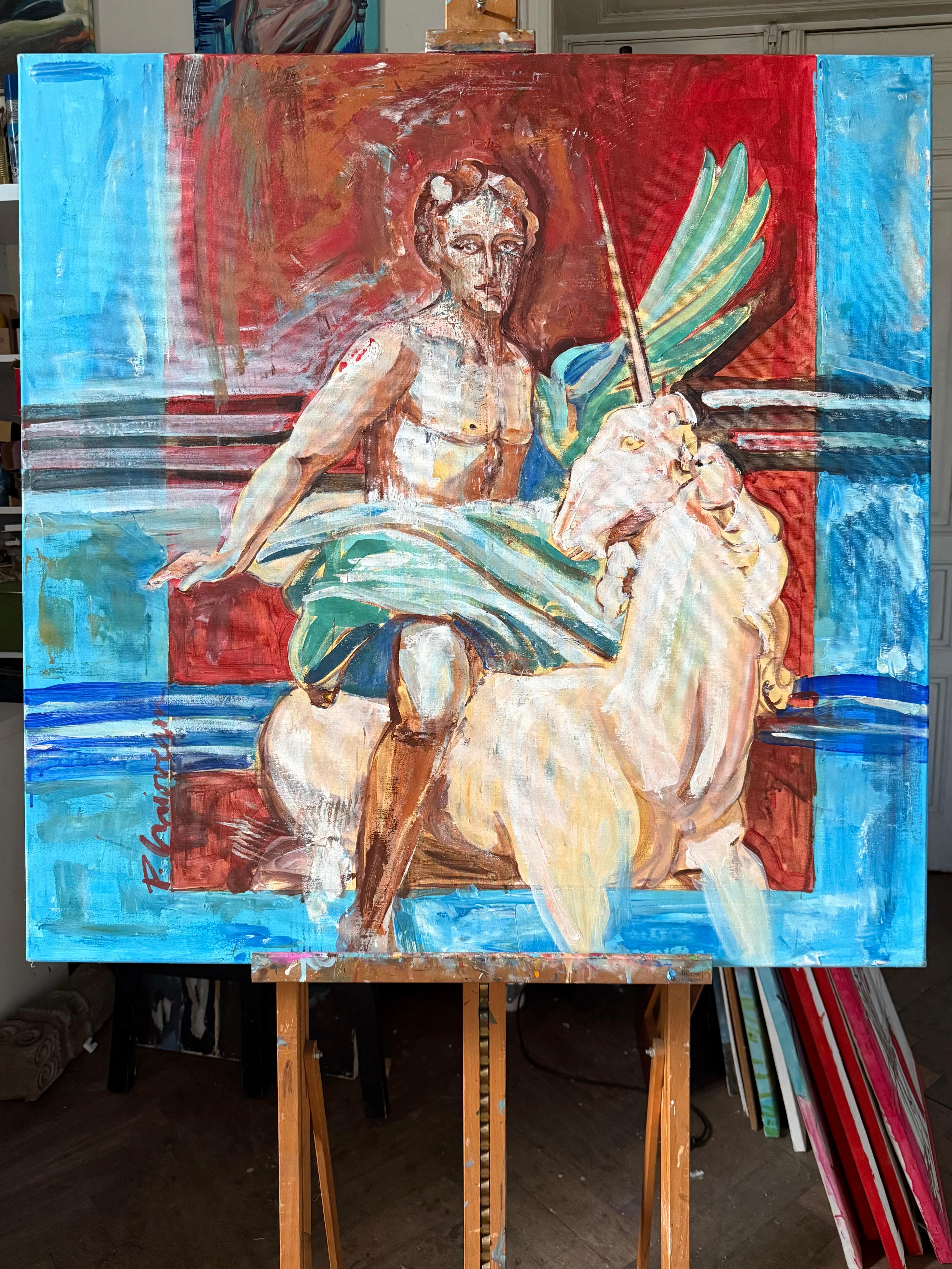 JUNGE MIT EINKORRN - Originalgemälde von Paula Craioveanu Neo Mythologie im Angebot 1