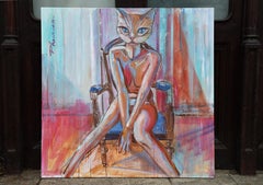 Cat Woman 2 Acrylic Painting on Canvas, 39x39in, Signed, Modern Style