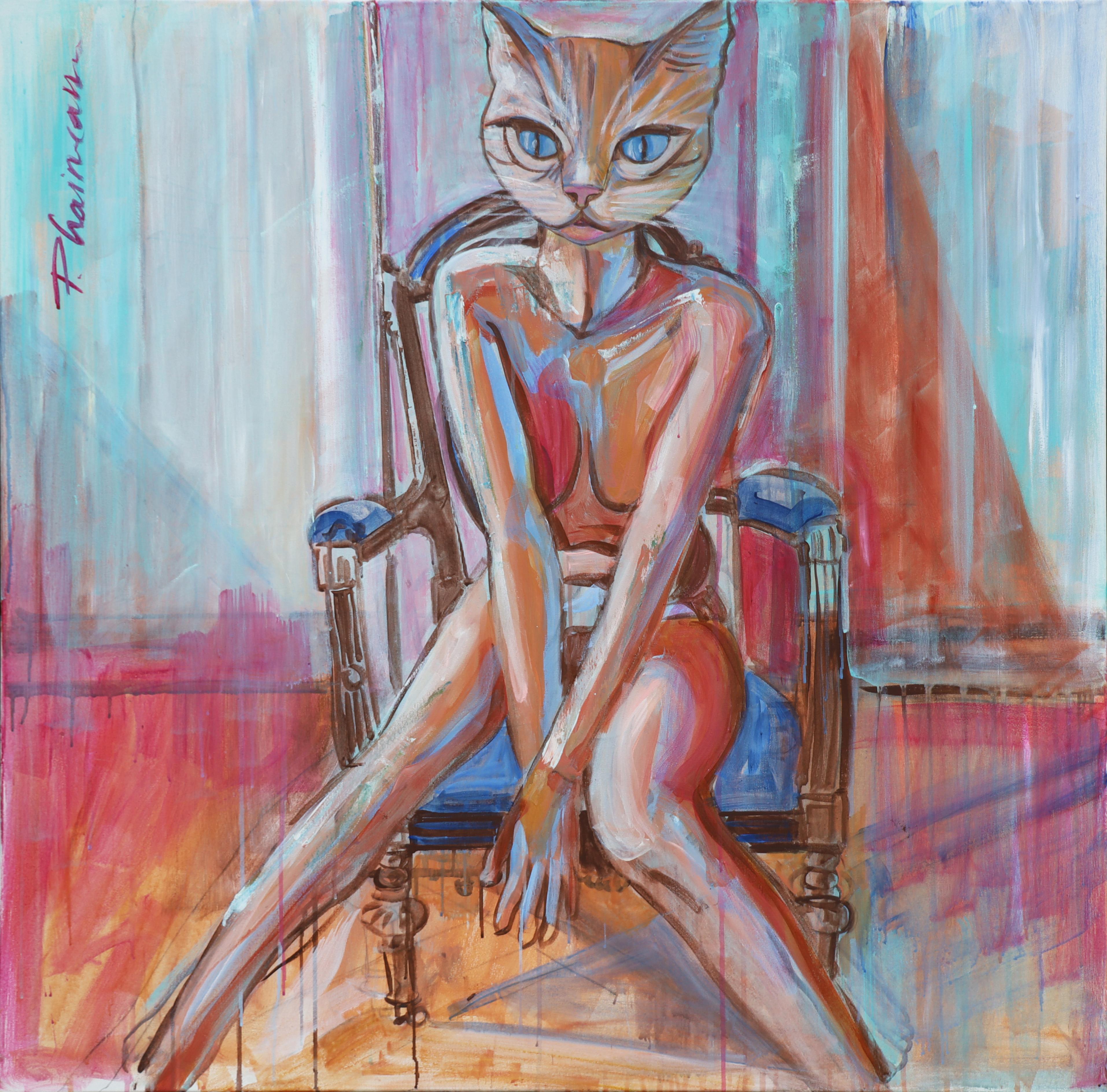 Cat Woman 2 Acrylic Painting on Canvas, 39x39in, Signed Surreal Pop Art