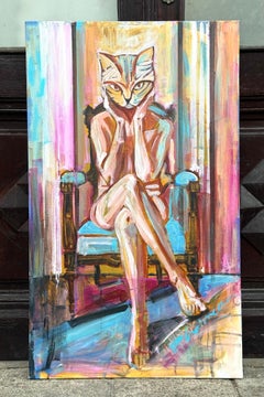 Cat Woman original painting Paula Craioveanu 39x23in Expressionist