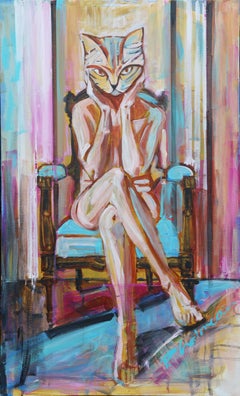 Mujer gato cuadro original Paula Craioveanu 39x23in Expresionista