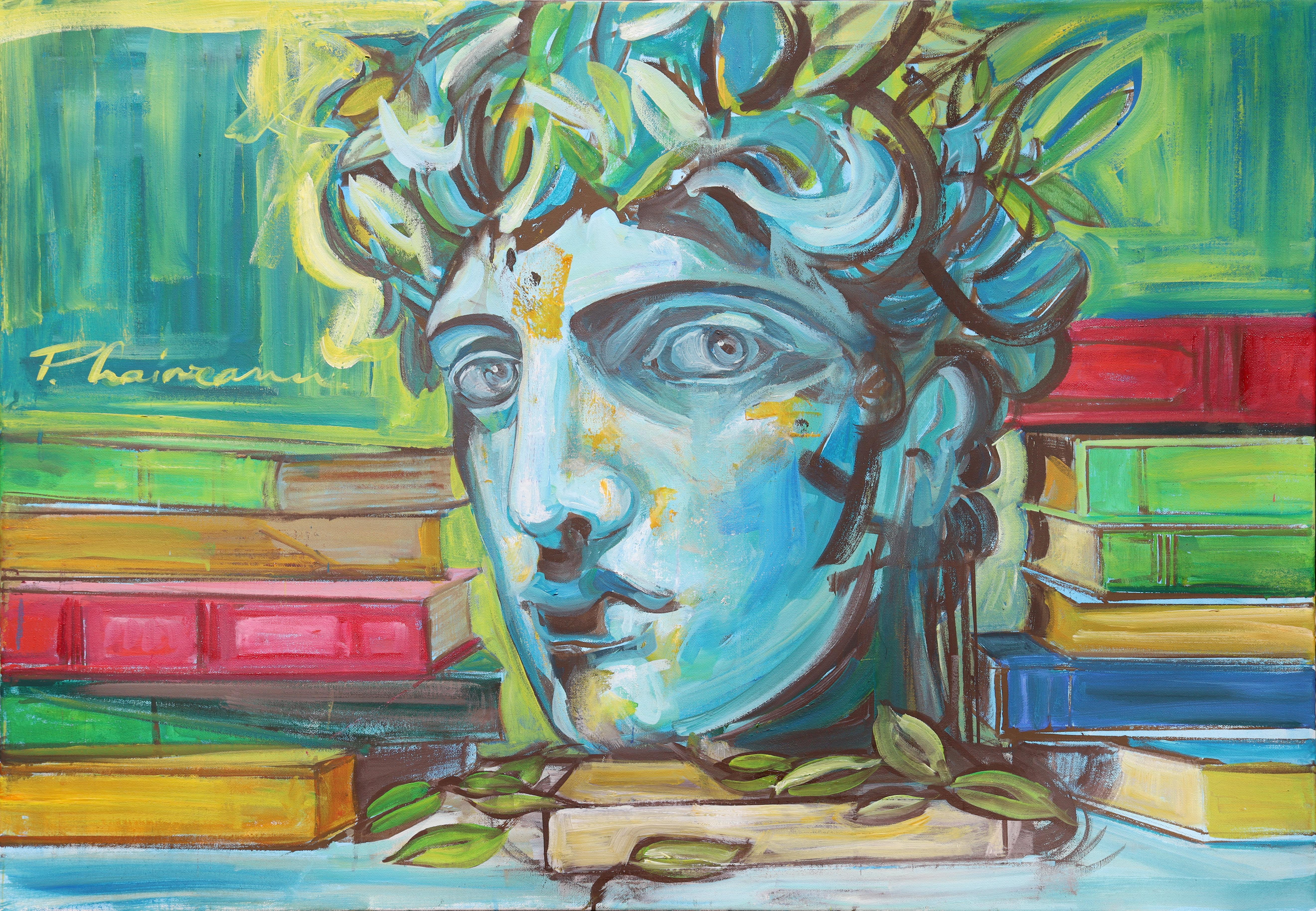 Classical Memory in Neon Light Oil Painting on Canvas, Surreal, 30x38in, Signed