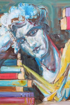 Figur mit Büchern surreal original Öl/Leinwand Paula Craioveanu groß 30x38in