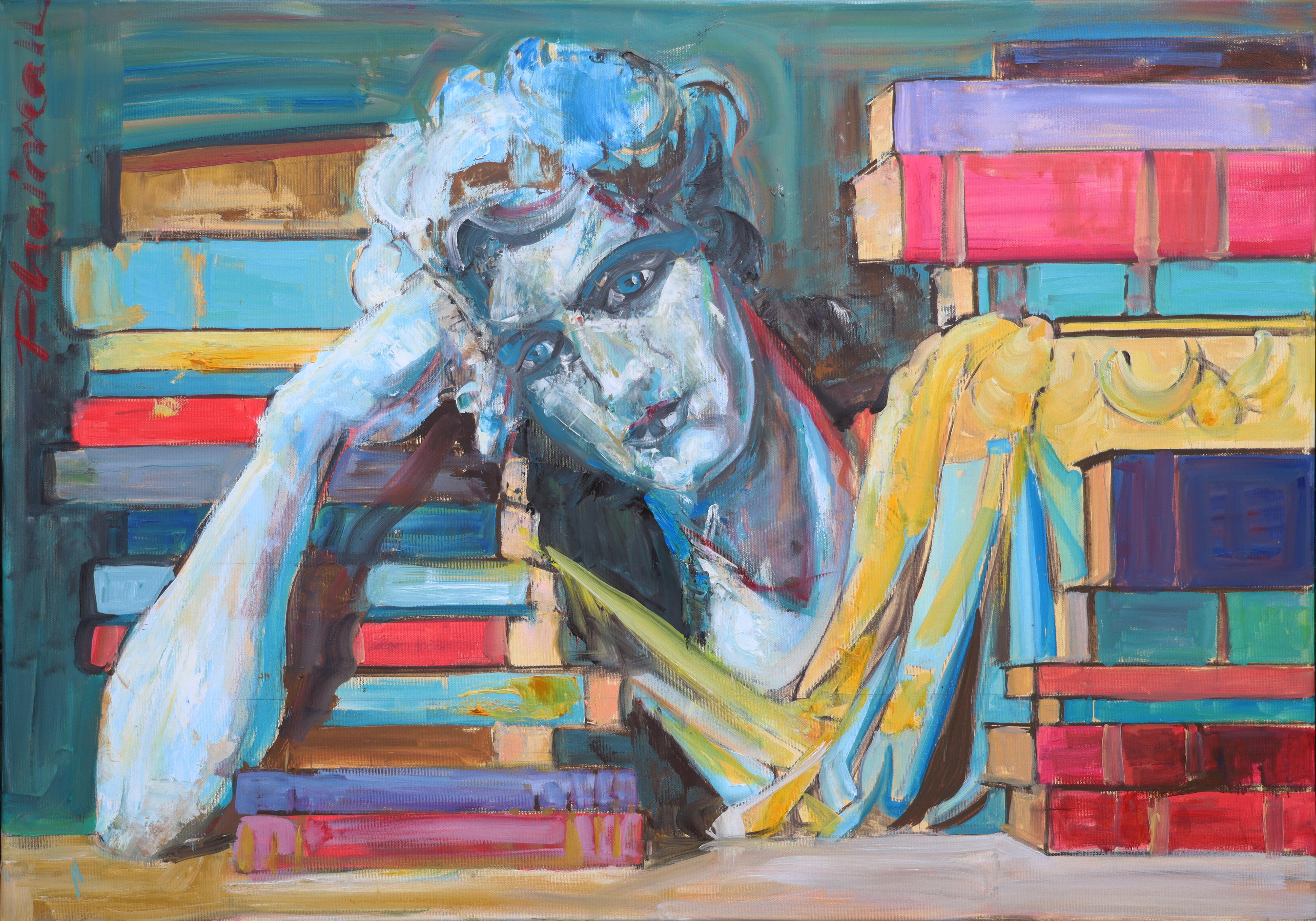 "Philosopher" . Original, unique painting. oil on canvas, 30x38in. Shipped rolled in a tube.

This painting is a wonderfully expressive piece that immediately draws you in with its bold brushwork and vibrant color palette. It is a contemporary take