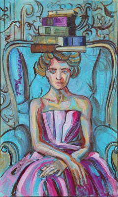 Girl with Books 1, Acrylic Painting, 39x23in, Contemporary Art