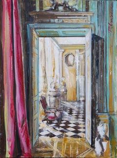 INTERIOR with CHESS FLOOR and STATUES - original large painting 