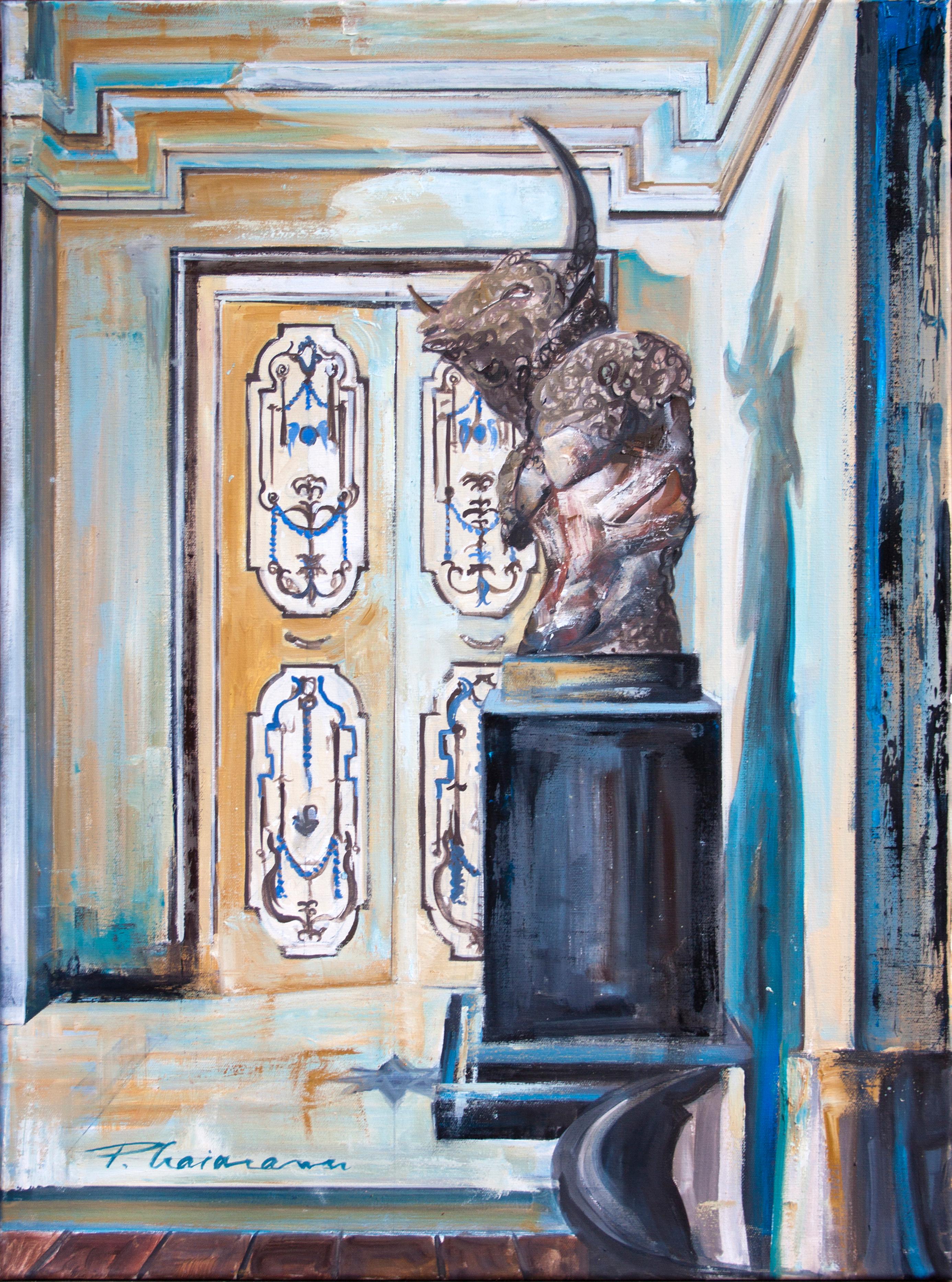 Intérieur avec peinture originale de Paula Craioveanu 23,5x31,5 pouces FRAMÉ en vente 1
