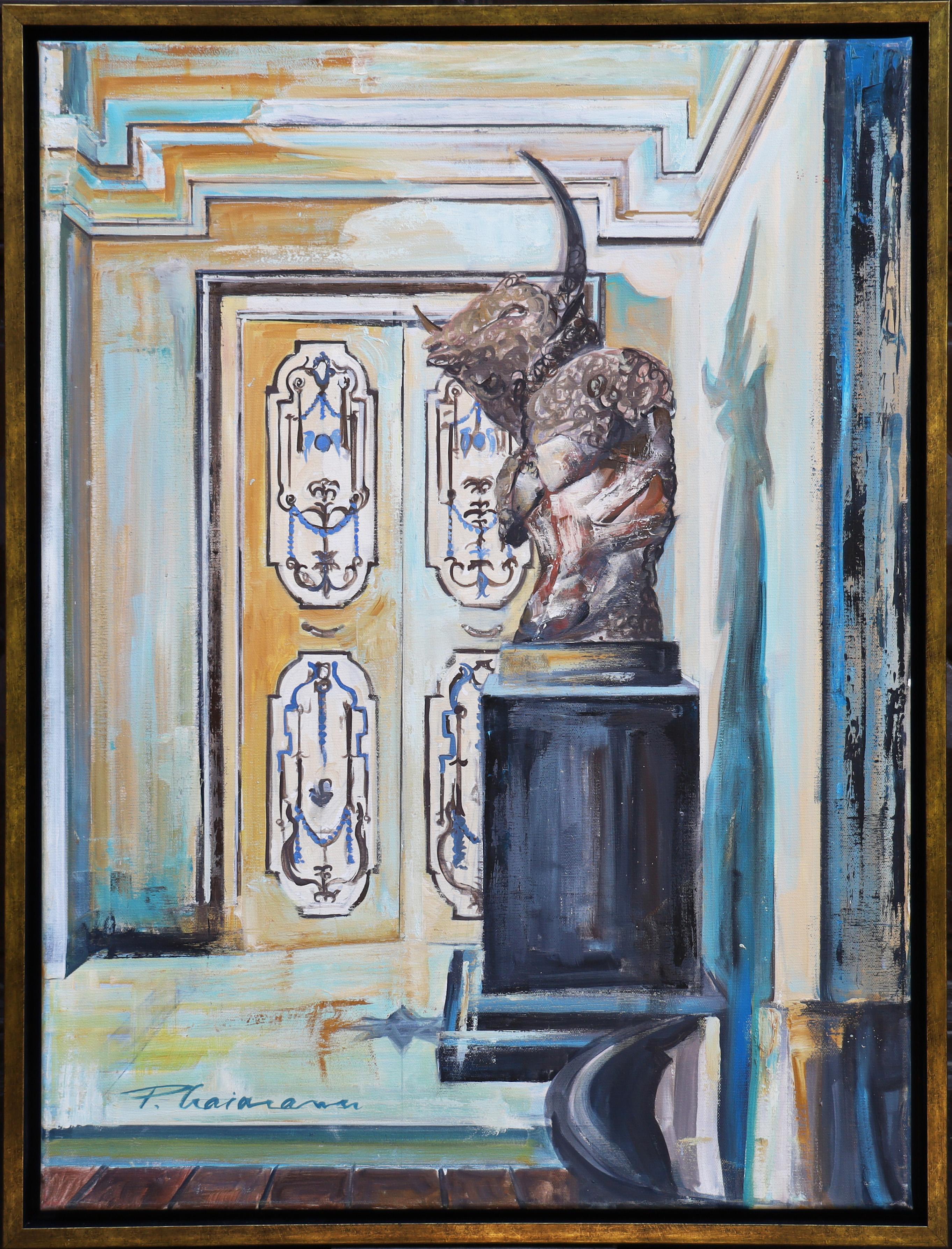Minotaure à l'intérieur, 80x60cm / 31.5×23.6in
Livré tendu, tel quel, prêt à être accroché et ENCADRÉ.

Cette peinture, "Minotaure à l'intérieur", offre une interaction fascinante entre le symbolisme mythologique, la décoration d'intérieur ornée et
