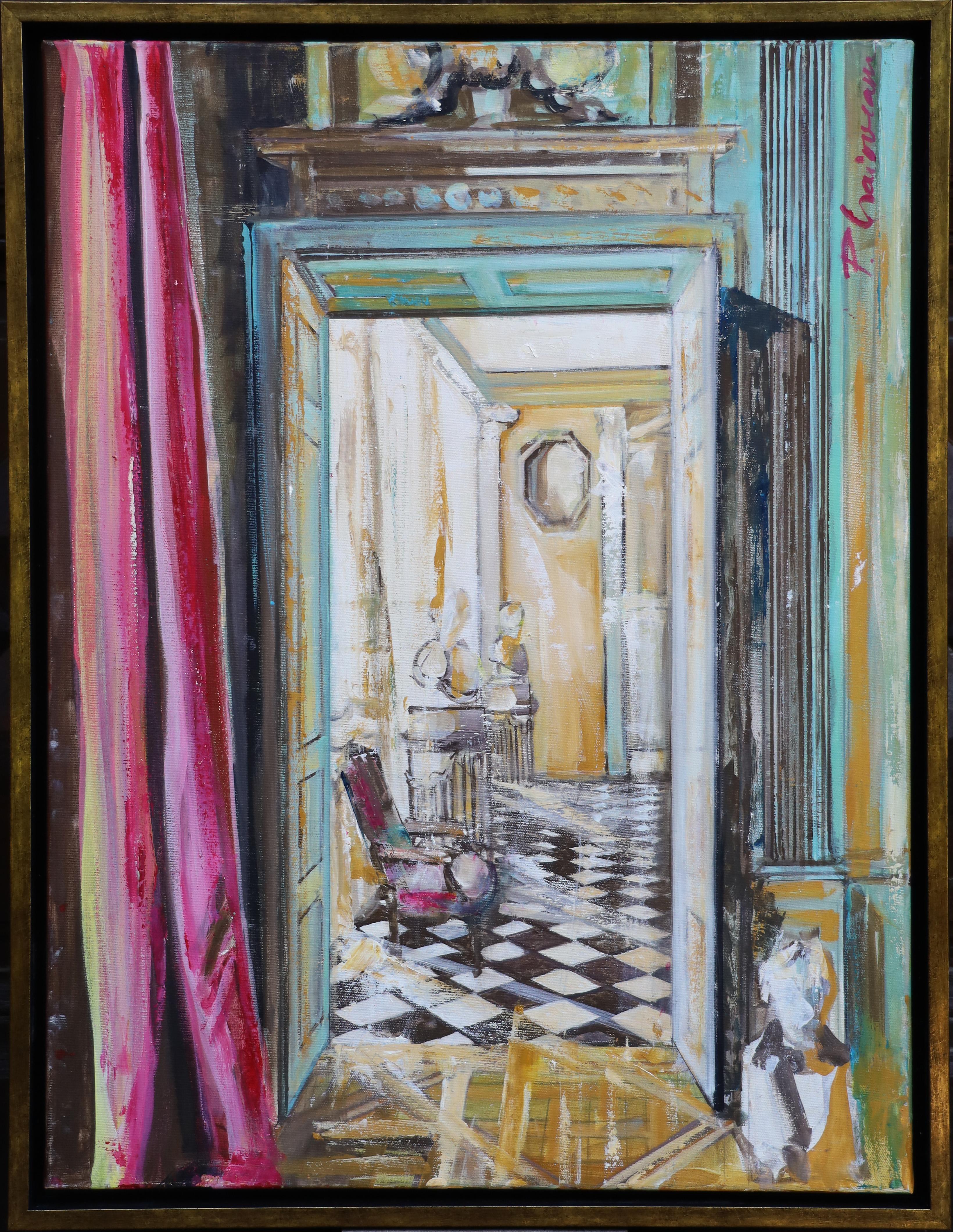 INTERIOR FRANCÉS con ESTATUAS cuadro grande original ENMARCADO Paula Craioveanu óleo en venta 1