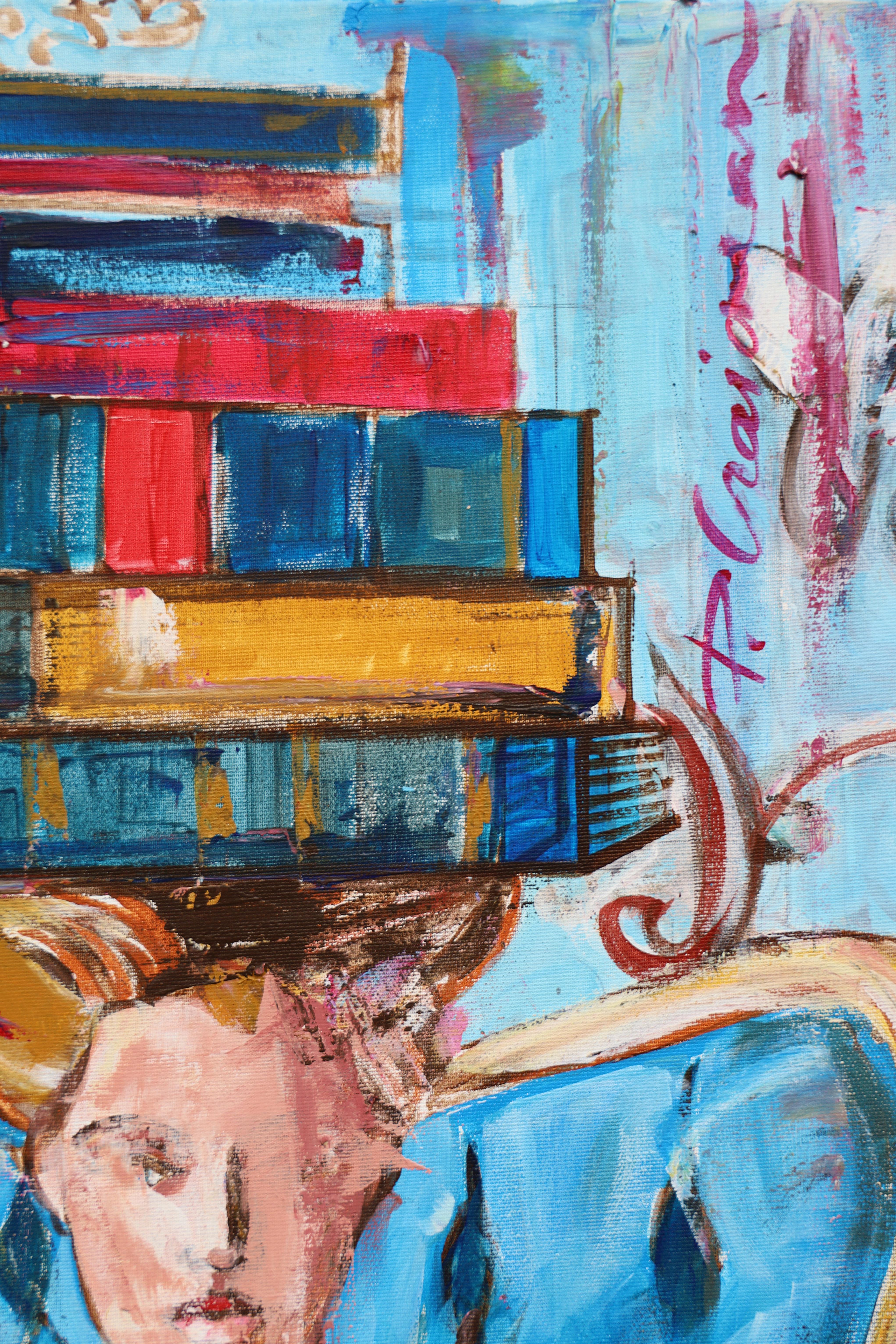 Lady with Books 1, Originalgemälde von Paula Craioveanu, 39x23in FRAMED im Angebot 2