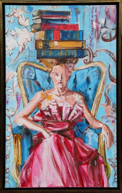 Signora con libri 1 dipinto originale di Paula Craioveanu 39x23in FRAMED