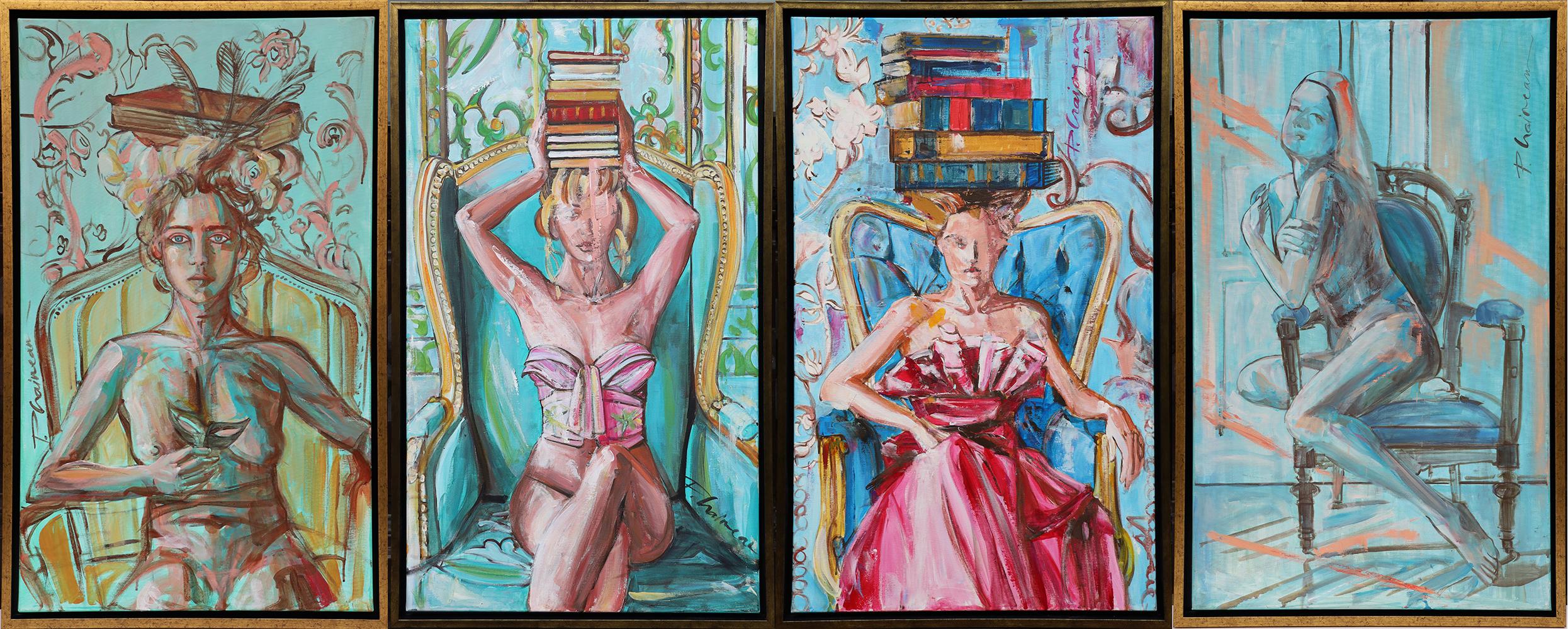 Lady with Books 1, Originalgemälde von Paula Craioveanu, 39x23in FRAMED im Angebot 3