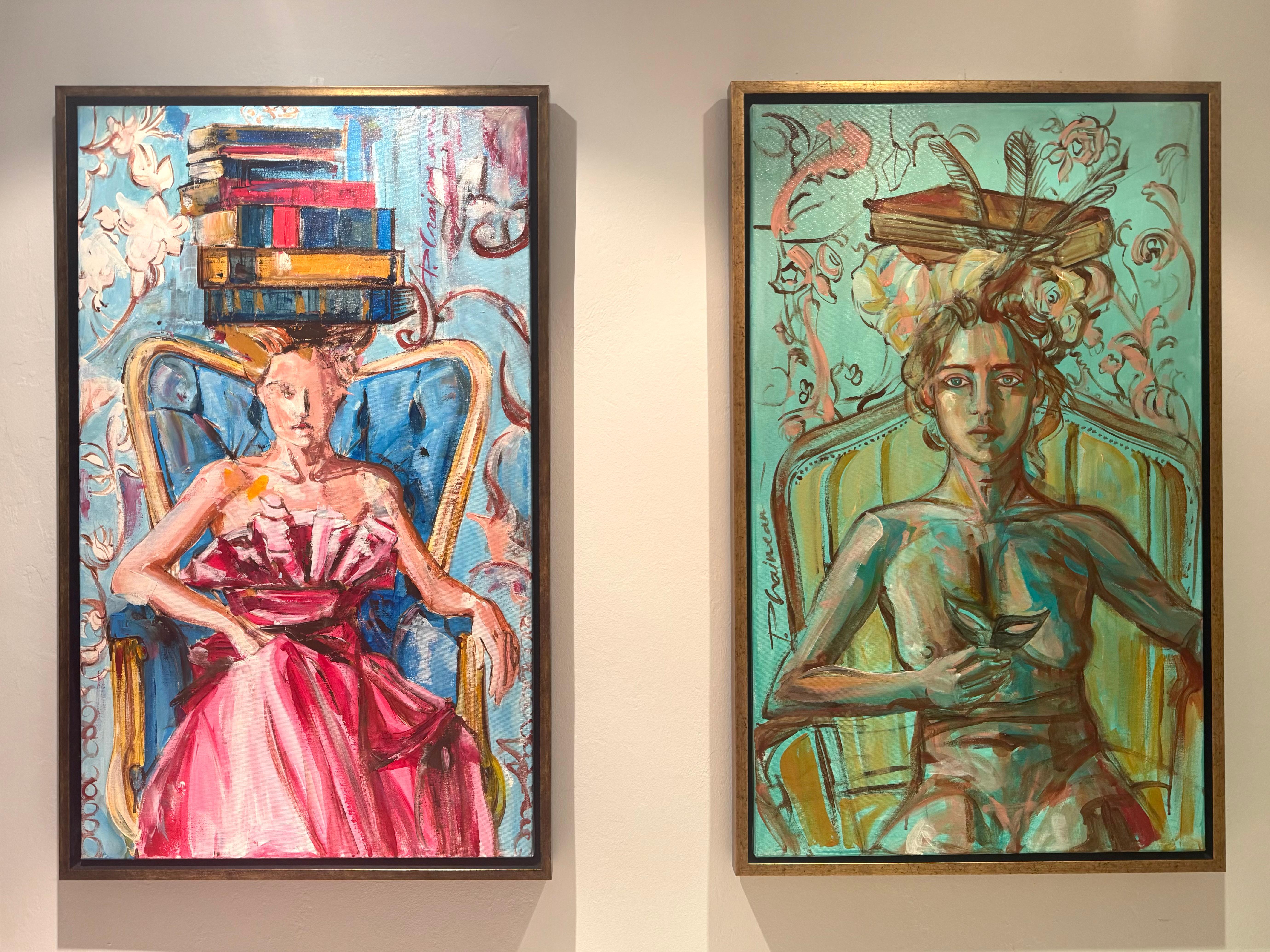 Lady with Books 1, Originalgemälde von Paula Craioveanu, 39x23in FRAMED im Angebot 7