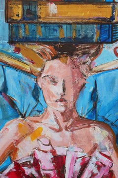 Lady with Books 1 Painting, Acrylic on Canvas, Framed, 39x23in