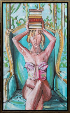 Signora con libri 2 dipinto originale di Paula Craioveanu 39x23in FRAMED