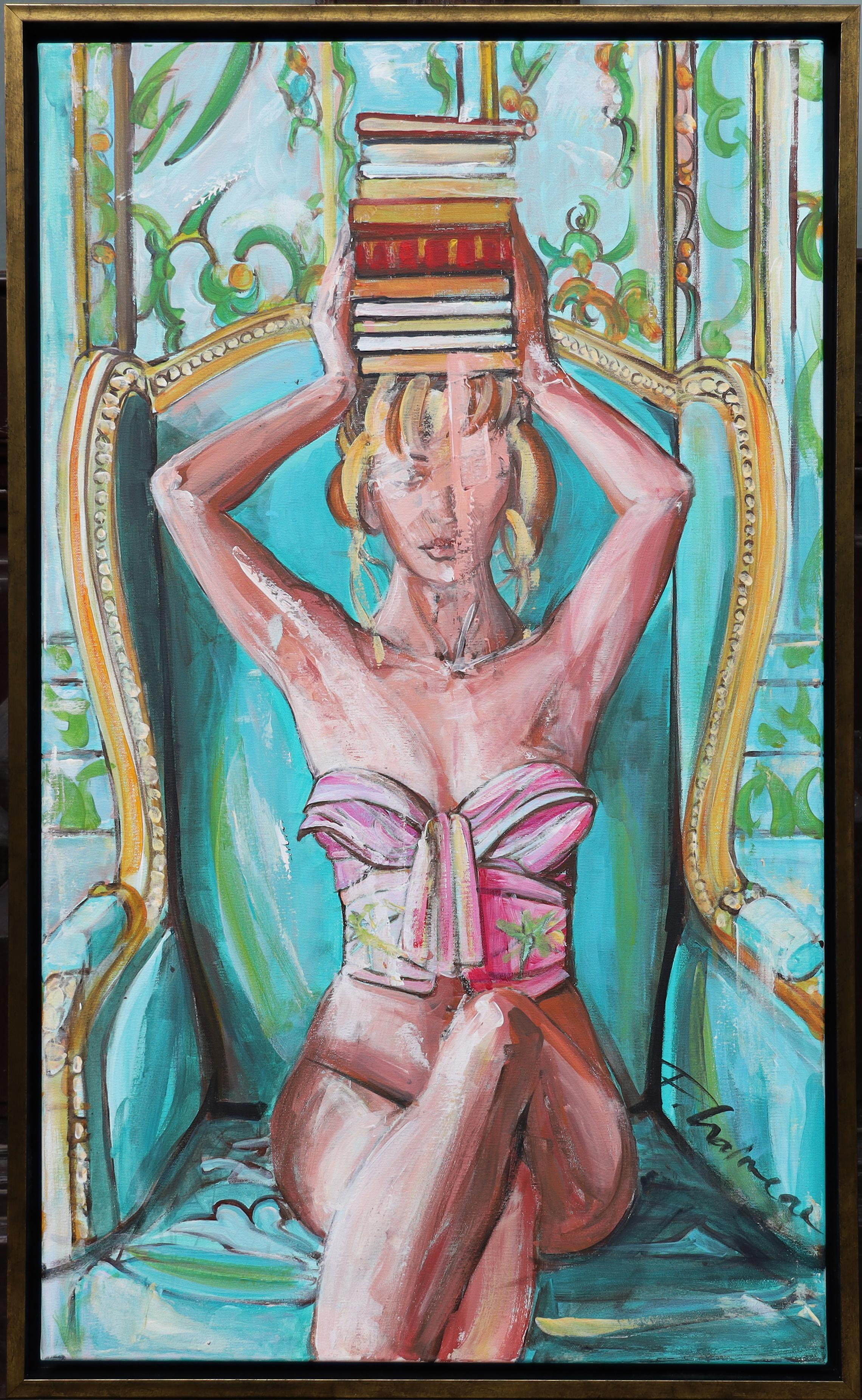 Lady with Books 2, Originalgemälde von Paula Craioveanu, 39x23in FRAMED