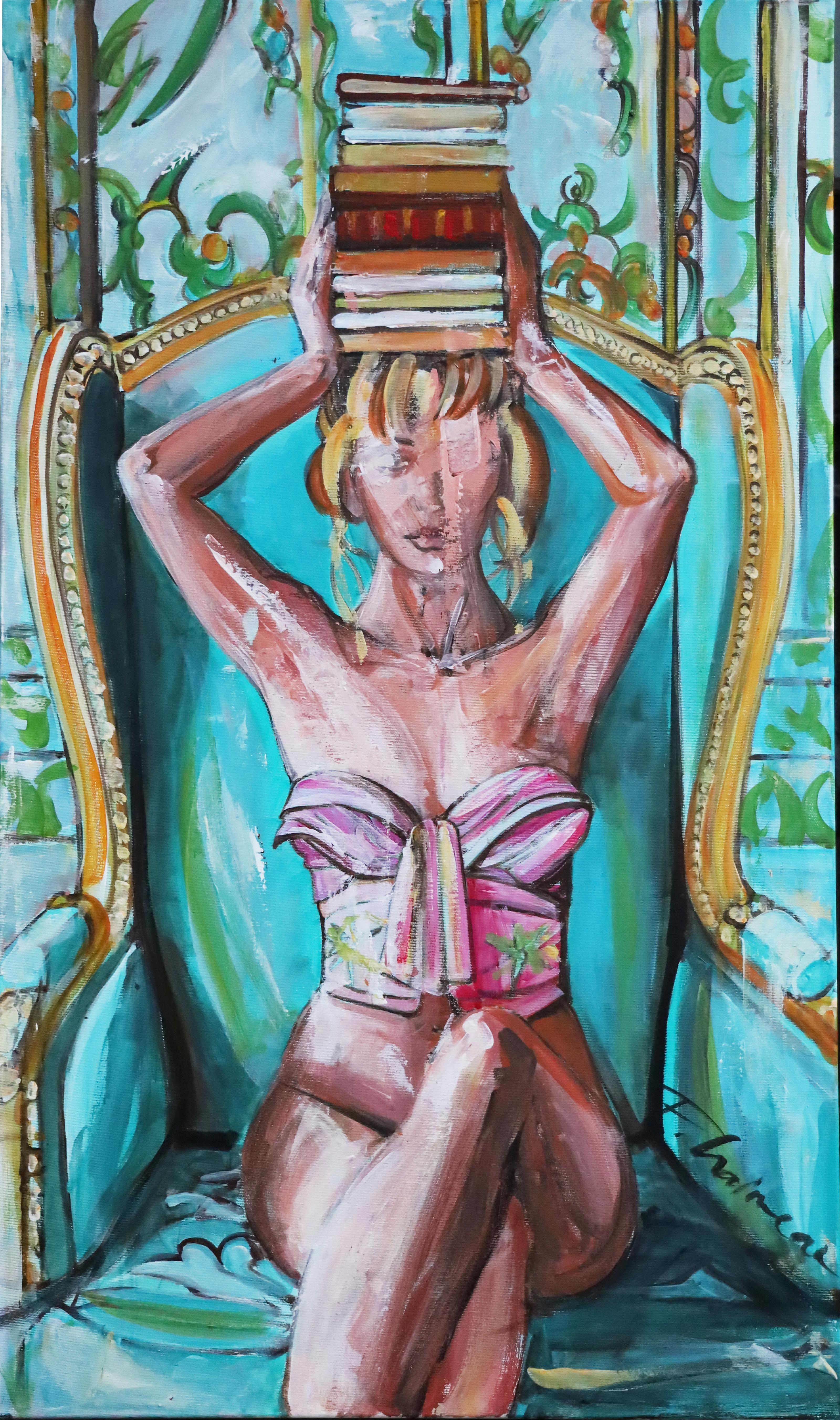 Lady with Books 2, Originalgemälde von Paula Craioveanu, 39x23in FRAMED im Angebot 1
