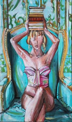 Lady with Books 2 original painting by Paula Craioveanu 39x23in FRAMED