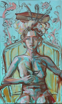 Dama con libros 3, Pintura acrílica enmarcada, 39x23in, Arte contemporáneo en Florida