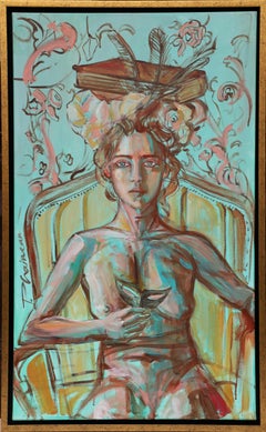 Dama con libros 3, Pintura acrílica enmarcada, 39x23in, Arte contemporáneo en Florida