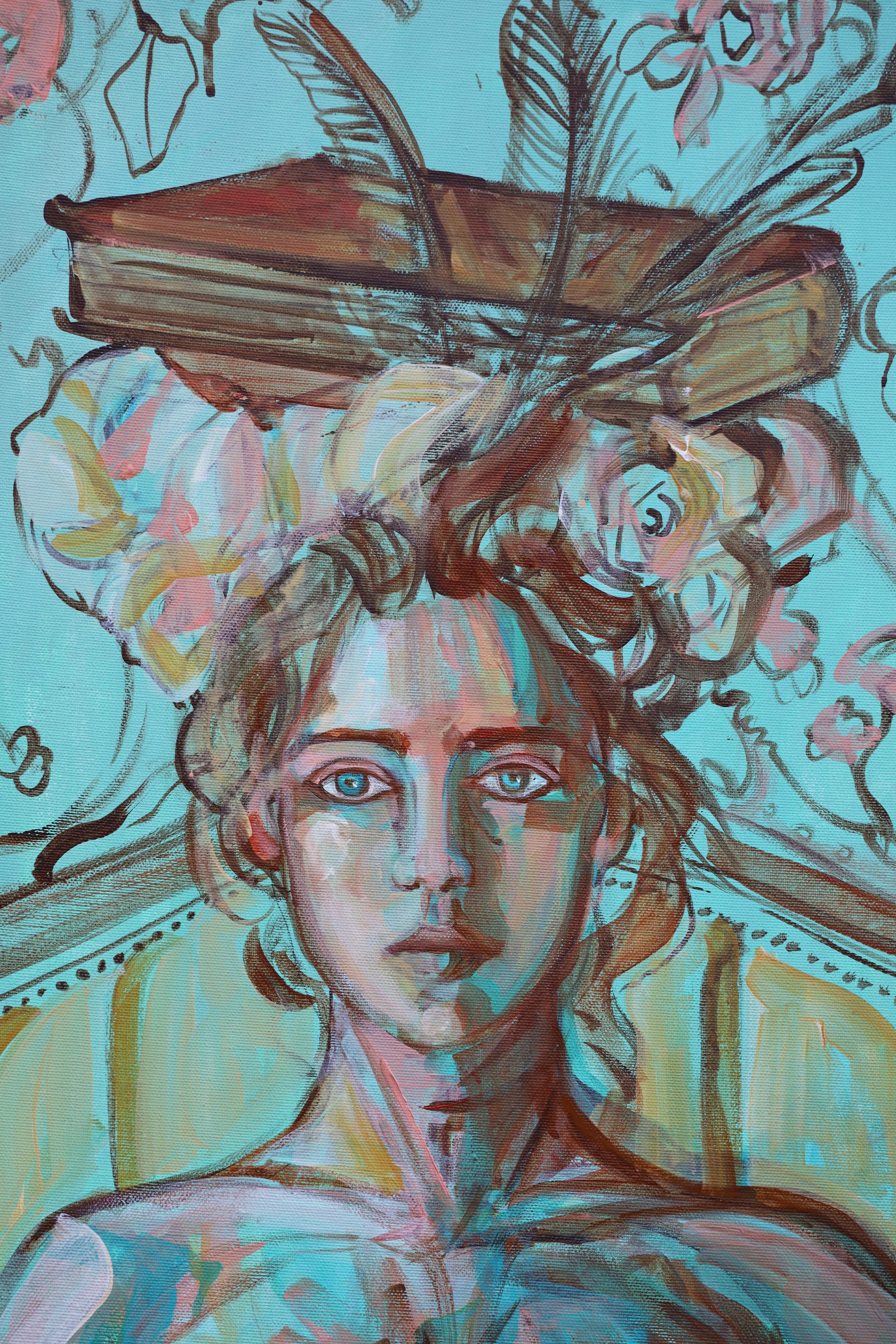Dame mit Büchern #3 -  Surreales Gemälde von Paula Craioveanu, gerahmt im Angebot 2