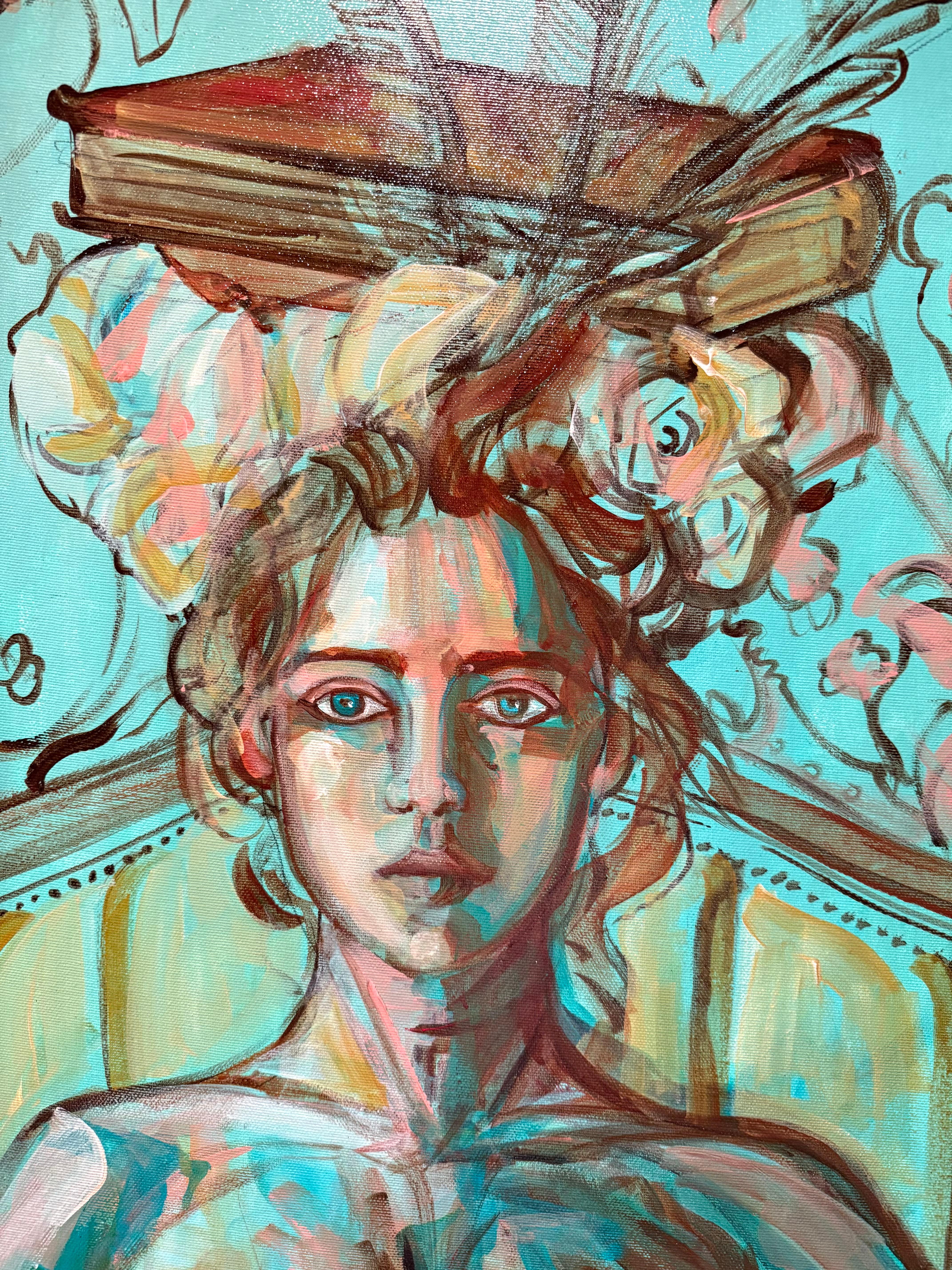 Dame mit Büchern #3 -  Surreales Gemälde von Paula Craioveanu, gerahmt im Angebot 9