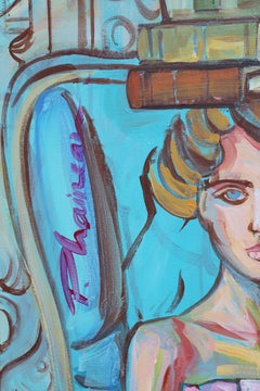 Lady with Books 4, Acrylic Painting, 39x23in, Contemporary Art