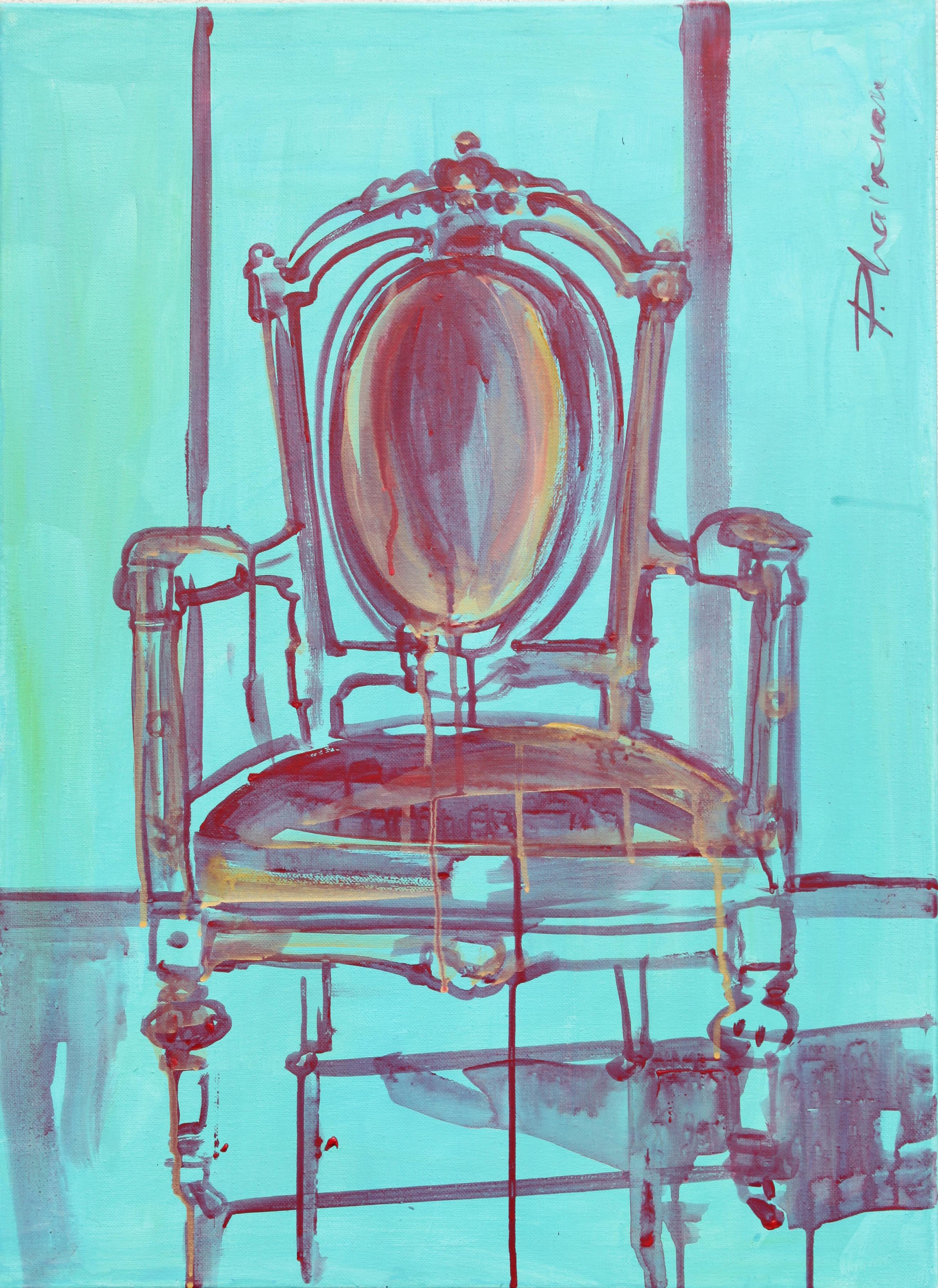 Louis XVI #1
Fait partie de l'exposition solo "Mixed Moods", jusqu'au 29 septembre.
Peinture originale.  taille 27.5x19.5in / 70x50cm . Acrylique sur toile.

Le fauteuil d'époque, de style Louis XVI, devient le sujet d'une série de peintures. Ce