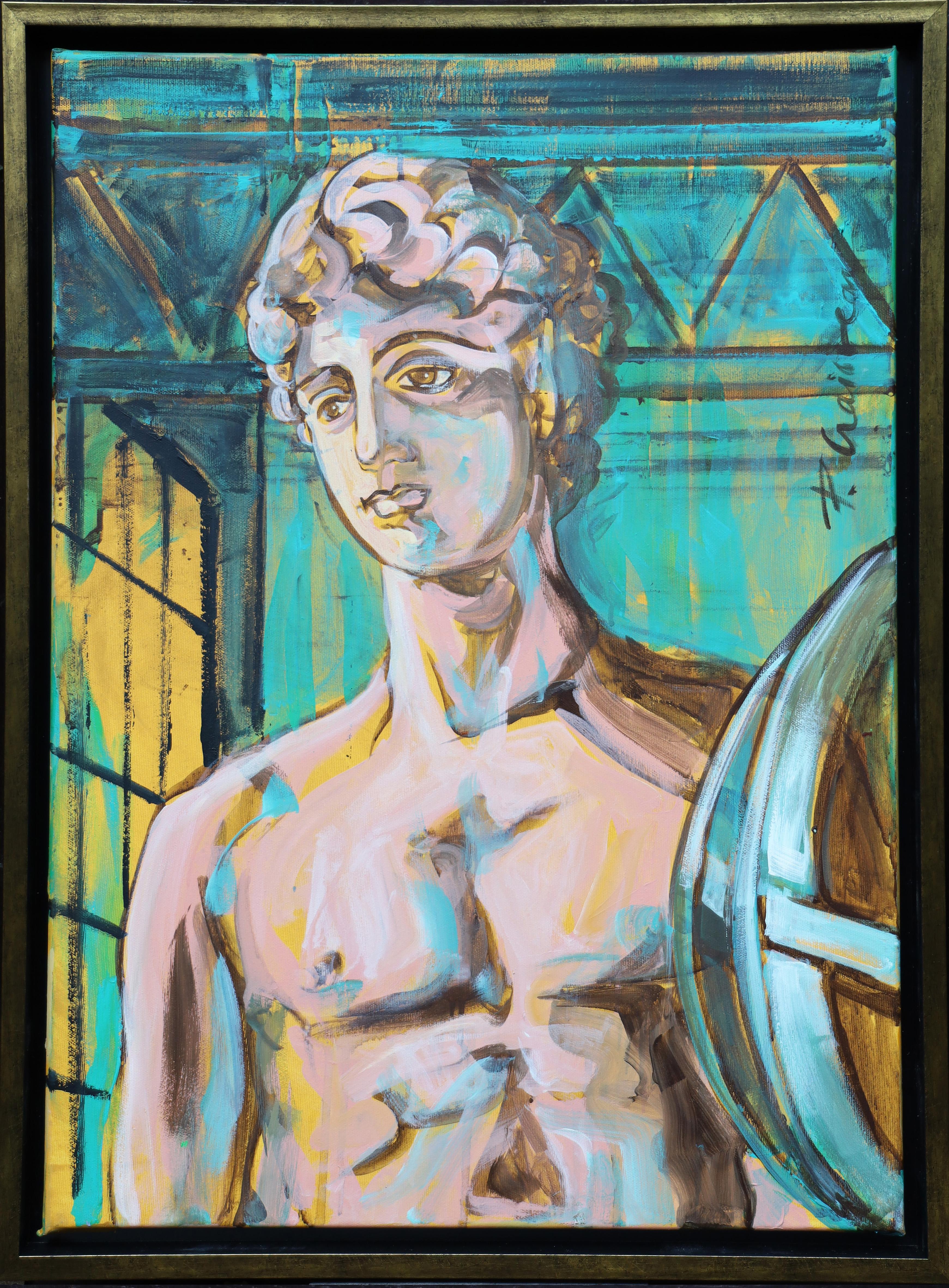 "Man and the Machines #4", 70x50cm, 31,5x19,5in, acrilico su tela della stessa serie di dipinti di neomitologia. 
Giovane divinità maschile collocata in uno spazio industriale moderno. Riflette il passare del tempo e il contrasto tra vecchio e