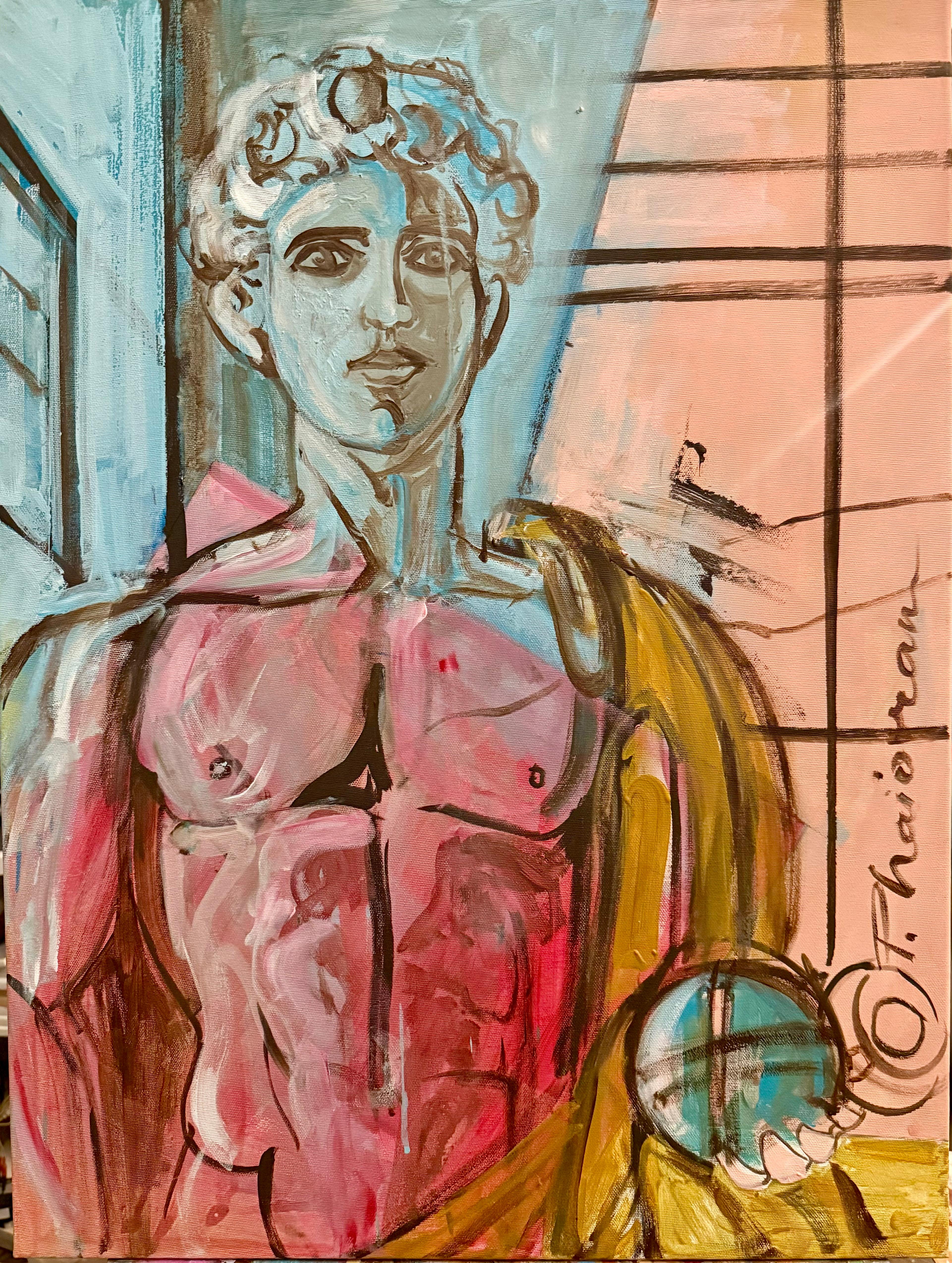 "El Hombre y las Máquinas n&ordm; 5", 80x60cm, acrílico sobre lienzo de la misma serie de cuadros de Neo-Mitología. 
Joven deidad masculina situada en un espacio industrial moderno. Refleja el paso del tiempo y el contraste entre lo viejo y lo