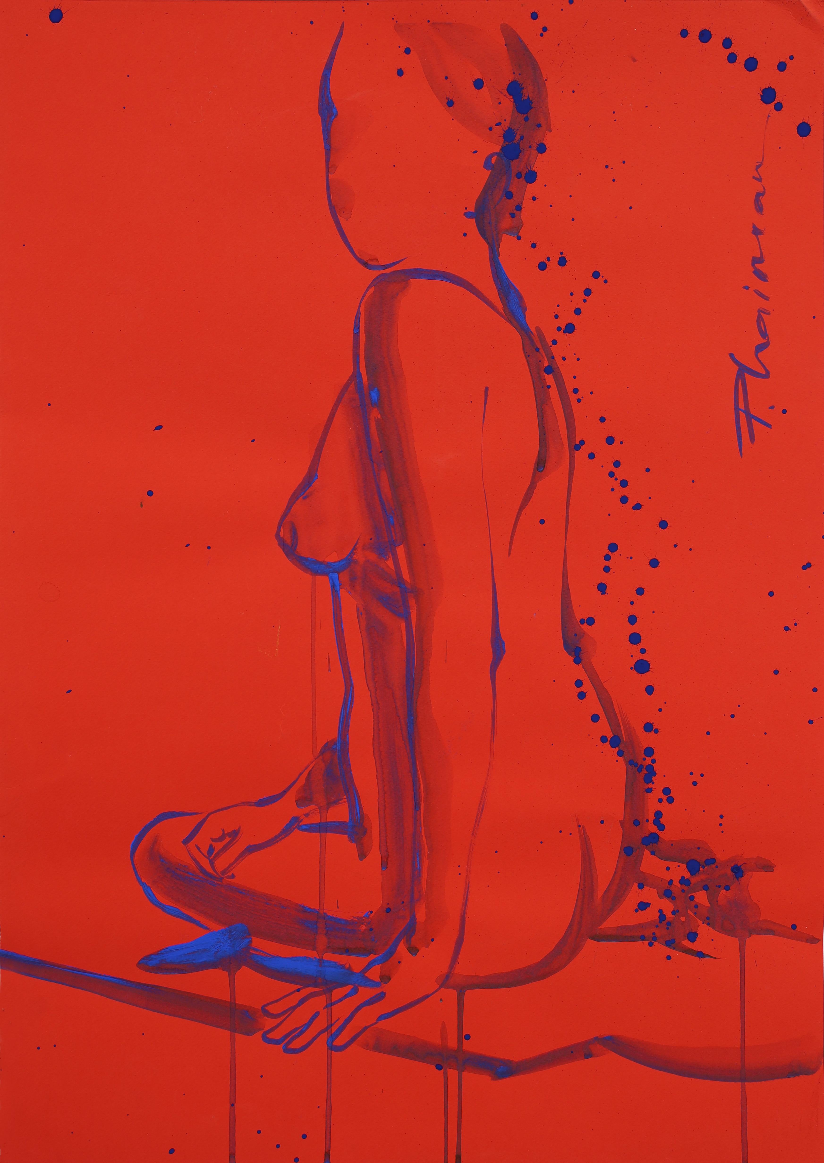 "Modern Nude". Part of "Nude in Interior" series. Original work on colored paper, with blue ultramarine tempera, inspired by Matisse.  Size 2is 7.5x19.5in / 70x50cm . Shipped rolled in a tube. Get free shipping with 1stdibs code for items over $500.