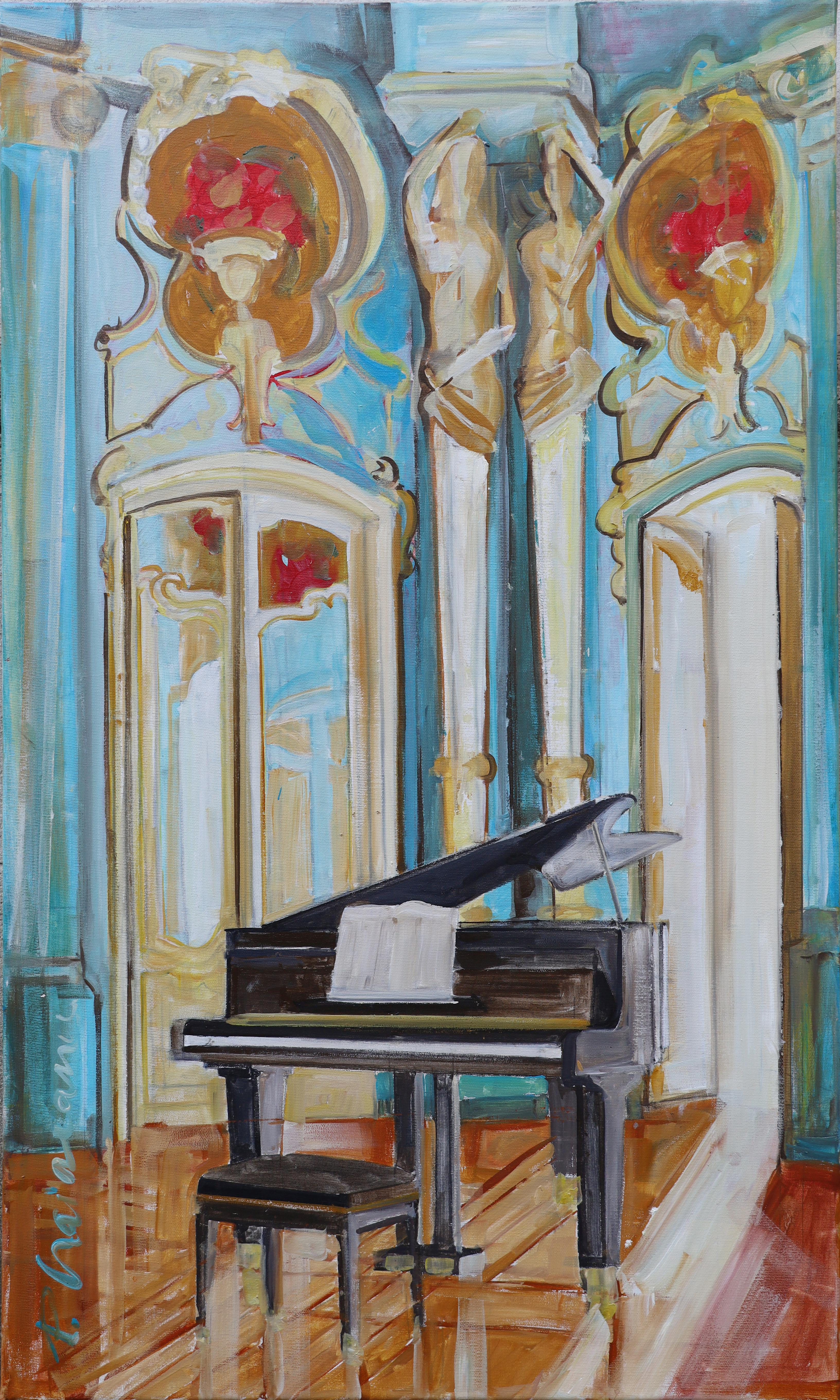 THE MUSIC ROOM (Innenraum mit Klavier) von Paula Craioveanu  Originalöl