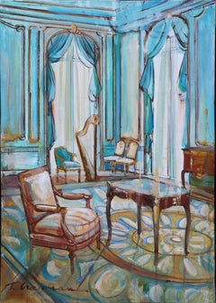 MUSIC ROOM with HARP - original large painting 