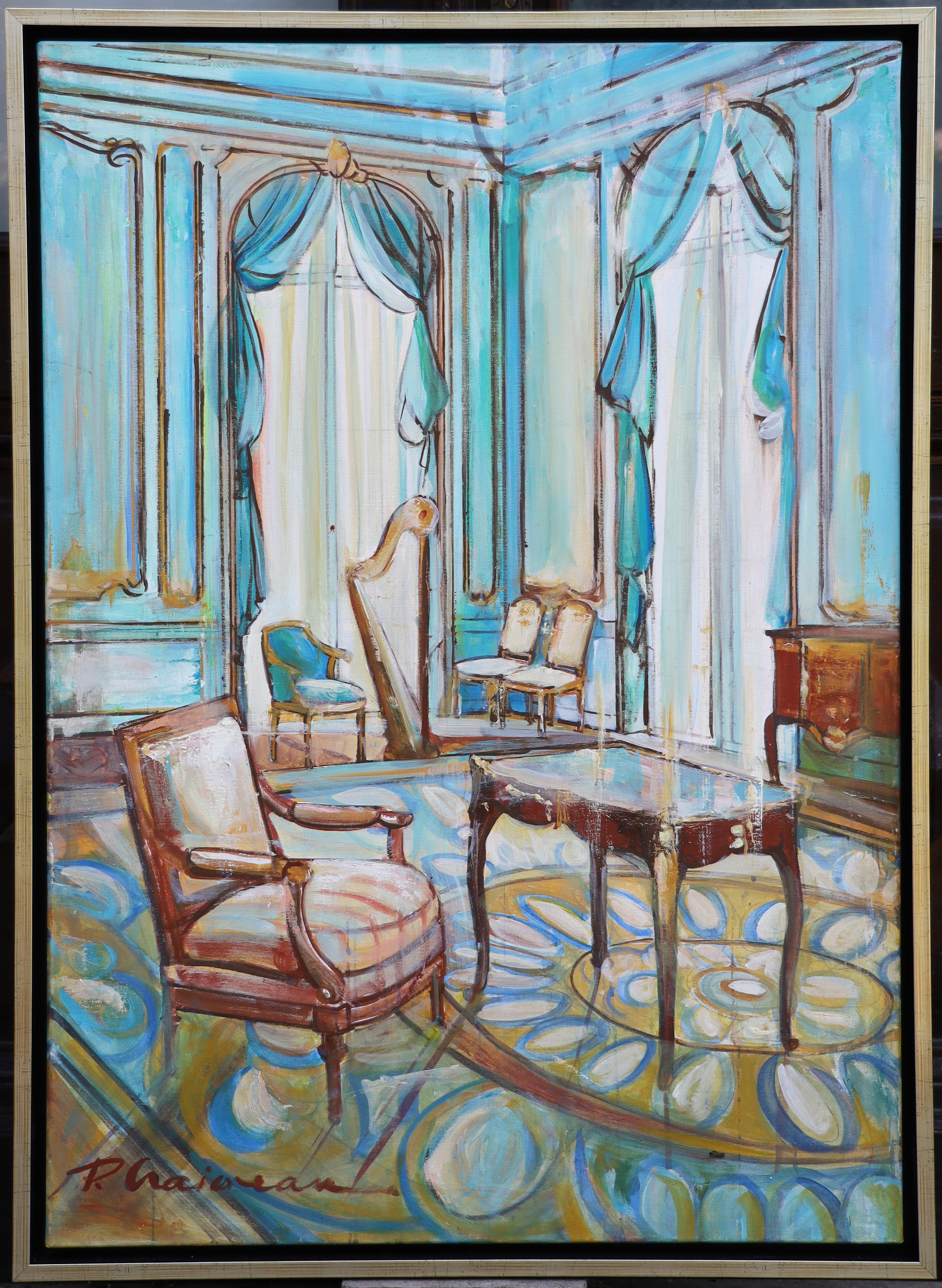 SALA DE MÚSICA con ARPA - óleo original gran cuadro 100x70cm /40x27,5in ENMARCADO