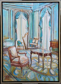 SALA DE MÚSICA con ARPA - óleo original gran cuadro 100x70cm /40x27,5in ENMARCADO