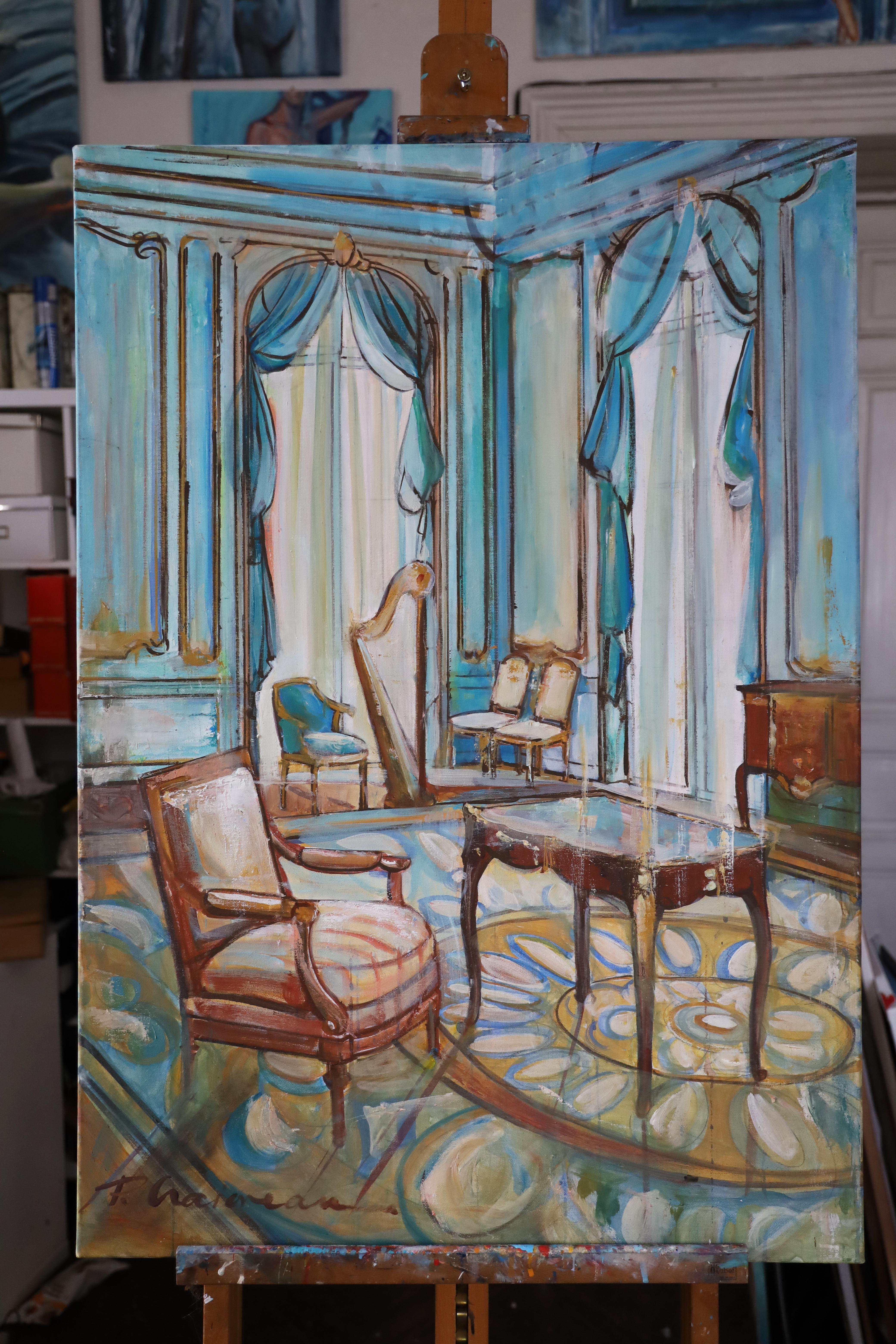 MusikOOM mit HARP - Originales großes Ölgemälde 100x70cm /40x27,5in FRAMED (Expressionismus), Painting, von Paula Craioveanu
