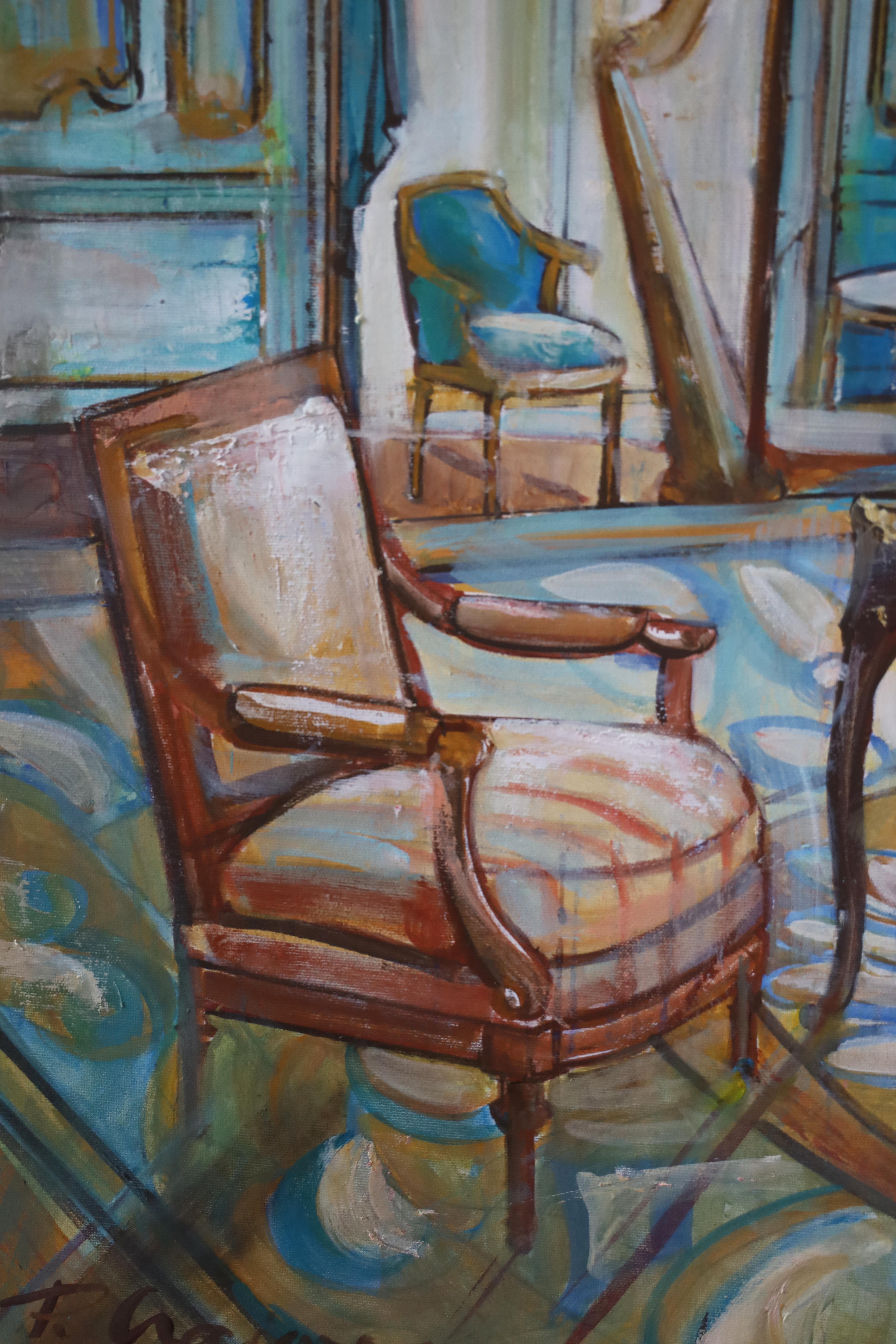 MusikOOM mit HARP - Originales großes Ölgemälde 100x70cm /40x27,5in FRAMED (Braun), Interior Painting, von Paula Craioveanu