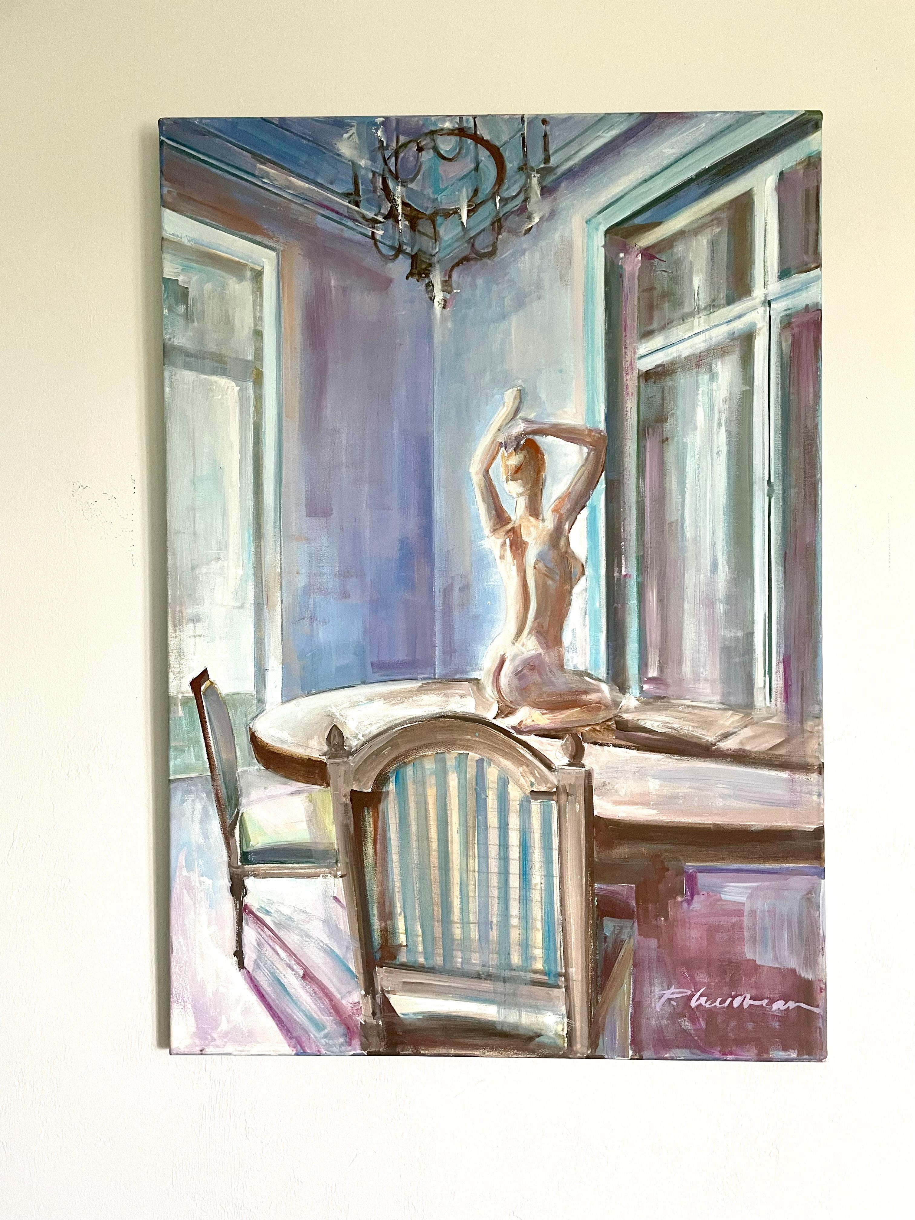 Nude in Interior (Woman on Top) large oil painting Paula Craioveanu 39x27in For Sale 1