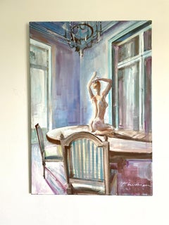 Nudo in interni (donna in alto) grande dipinto a olio Paula Craioveanu 39x27in