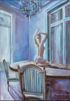 Nude in Interior (Woman on Top) large oil painting Paula Craioveanu 39x27in