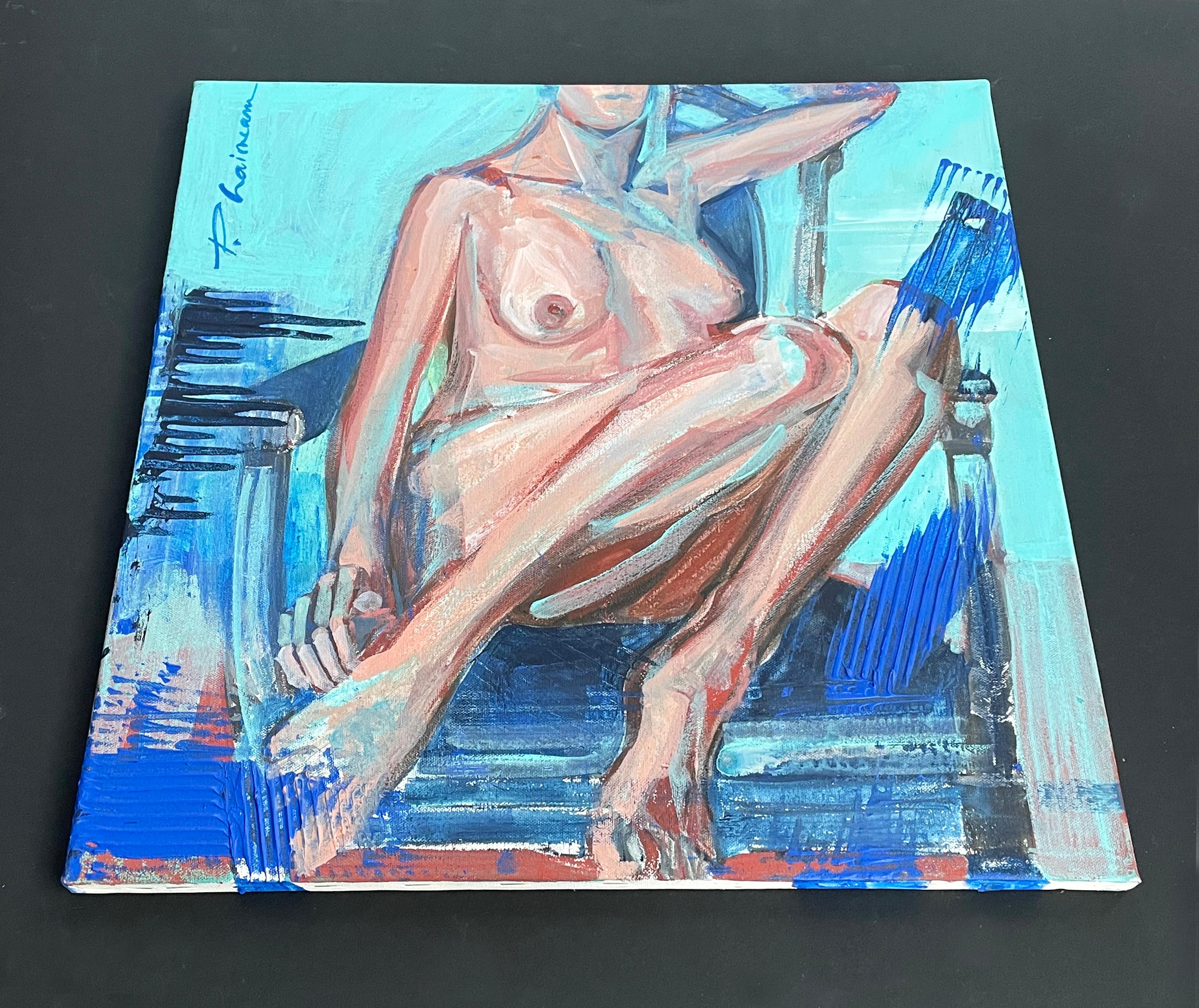 Nudo su poltrona 2 dipinto originale di Paula Craioveanu 20x20in in vendita 1