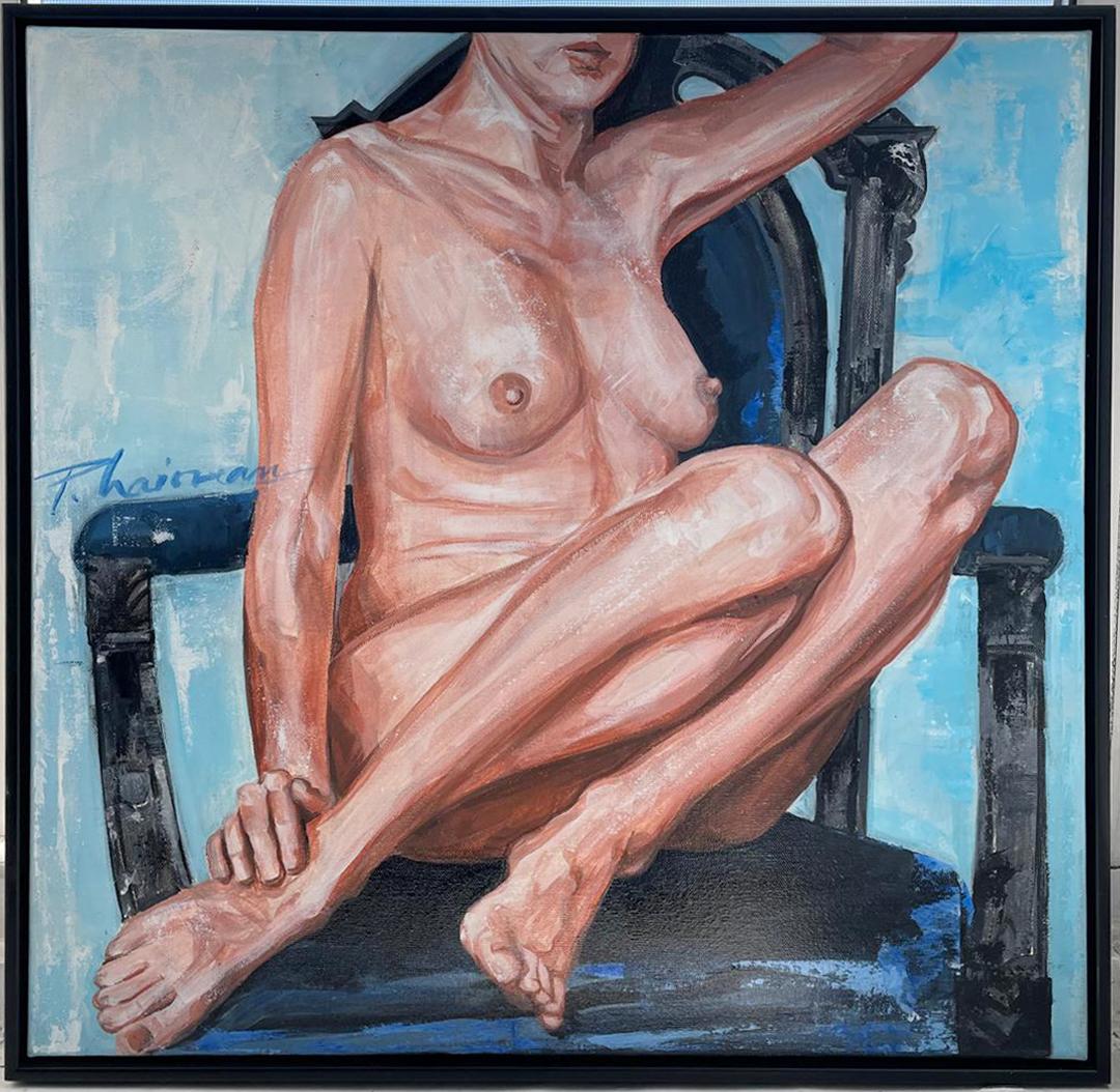 "Nudo su poltrona". Nudo femminile visto da un'artista donna -  Serie "sguardo femminile". Pittura originale. Cornice nera minimalista, in vero legno. Firmato. Dimensioni non incorniciate 20x20in / 51x51cm. Dimensioni della cornice 21x21x1,5in